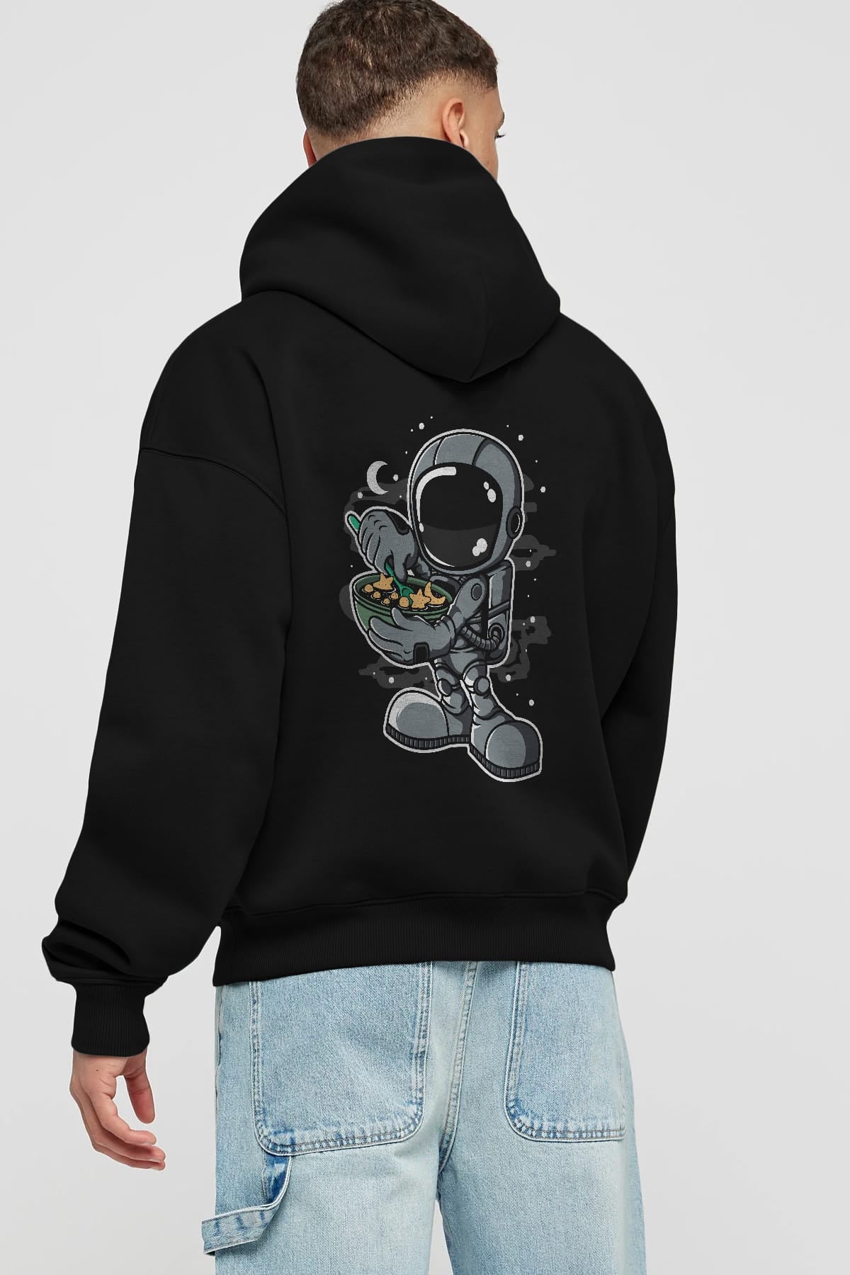 Astronaut Star Flakes Arka Baskılı Hoodie Oversize Kapüşonlu Sweatshirt Erkek Kadın Unisex