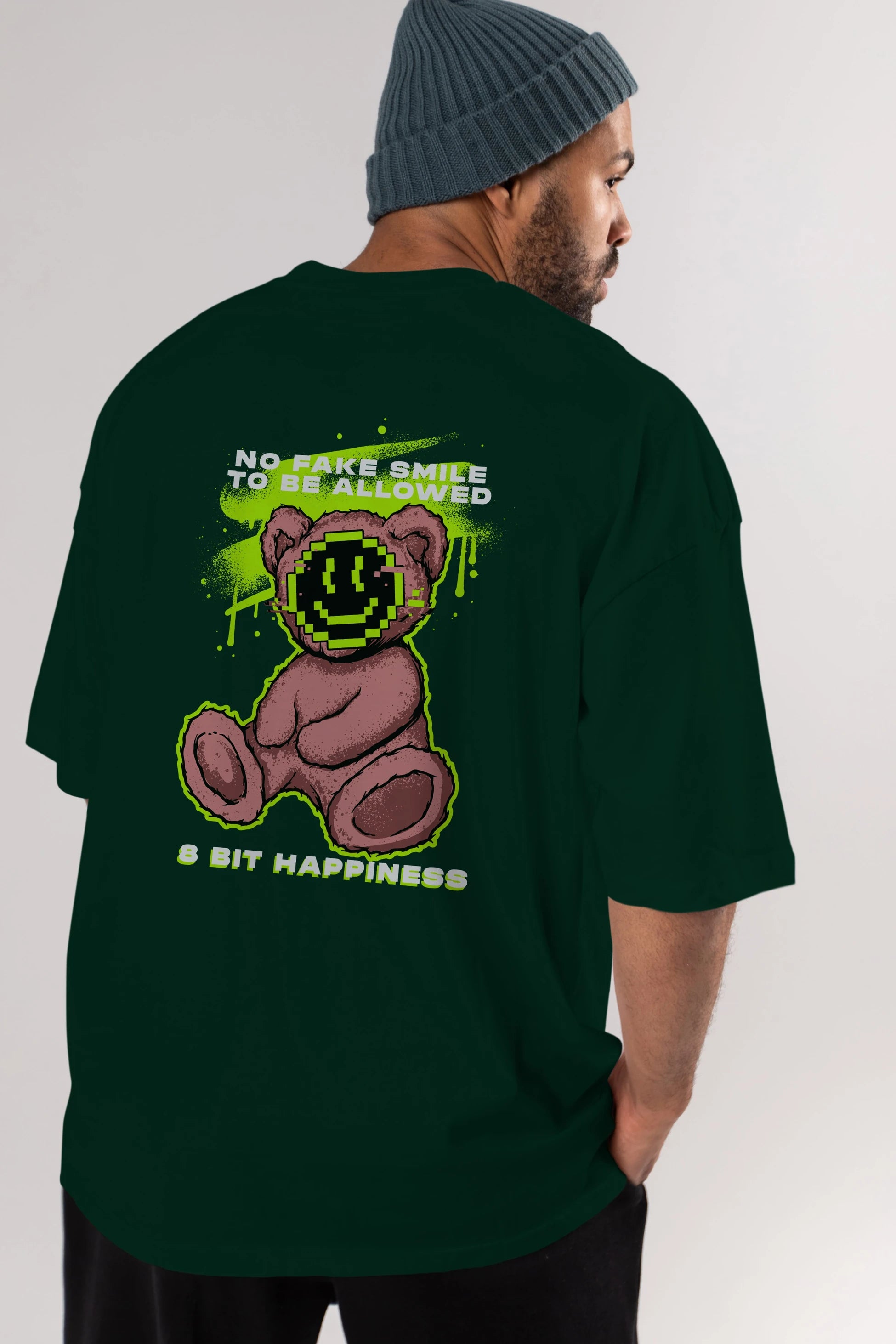 No Fake Smile Bear Arka Baskılı Oversize t-shirt Erkek Kadın Unisex