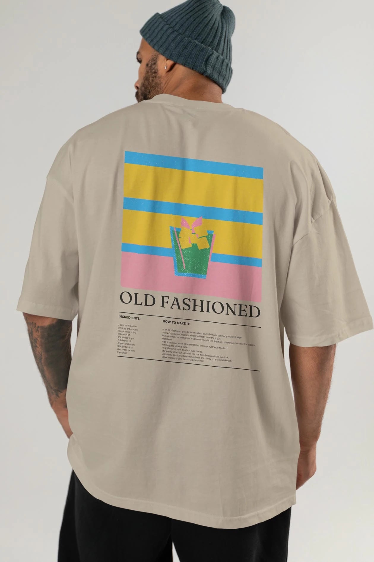 Old Fashioned Kokteyl Serisi Arka Baskılı Oversize t-shirt Erkek Kadın %100 Pamuk Bisiklet Yaka tişort
