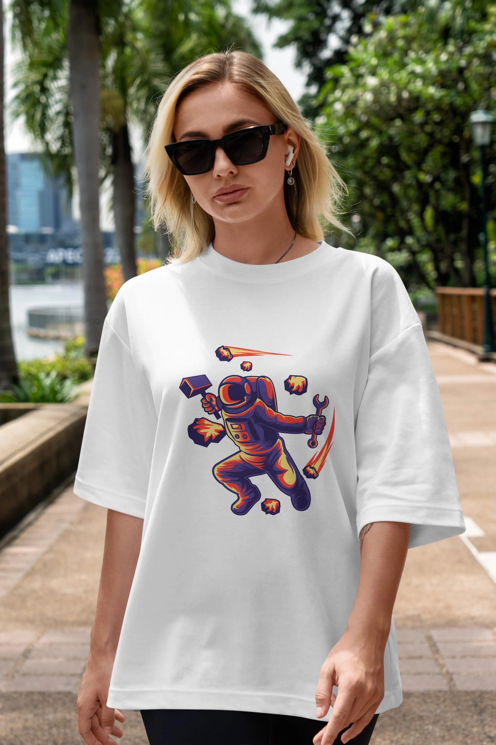 Astronaut Block Meteor Ön Baskılı Oversize t-shirt Erkek Kadın Unisex