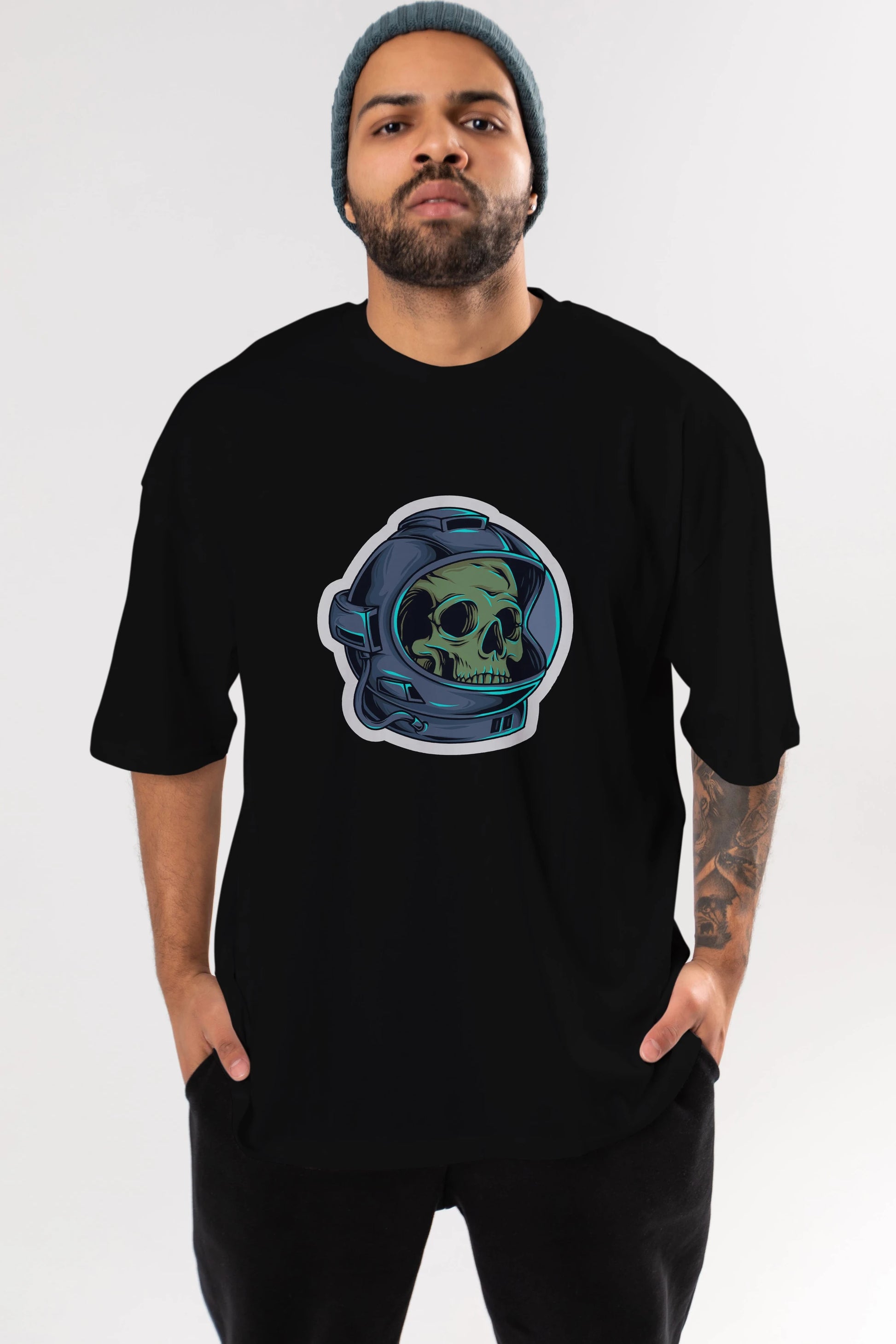 Astroskull Sticker Ön Baskılı Oversize t-shirt Erkek Kadın Unisex