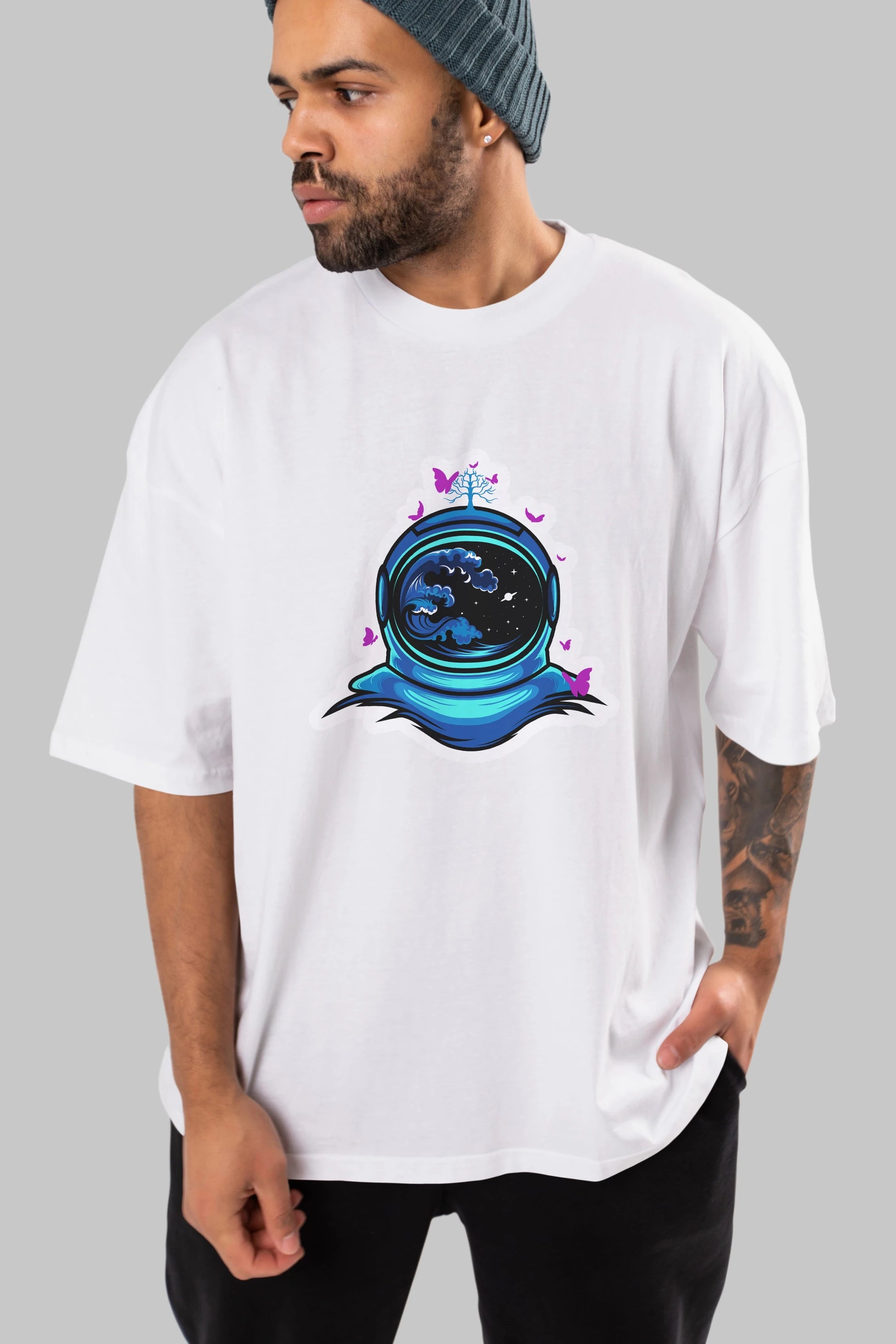 Astronaut and Butterfly Sticker Ön Baskılı Oversize t-shirt Erkek Kadın Unisex