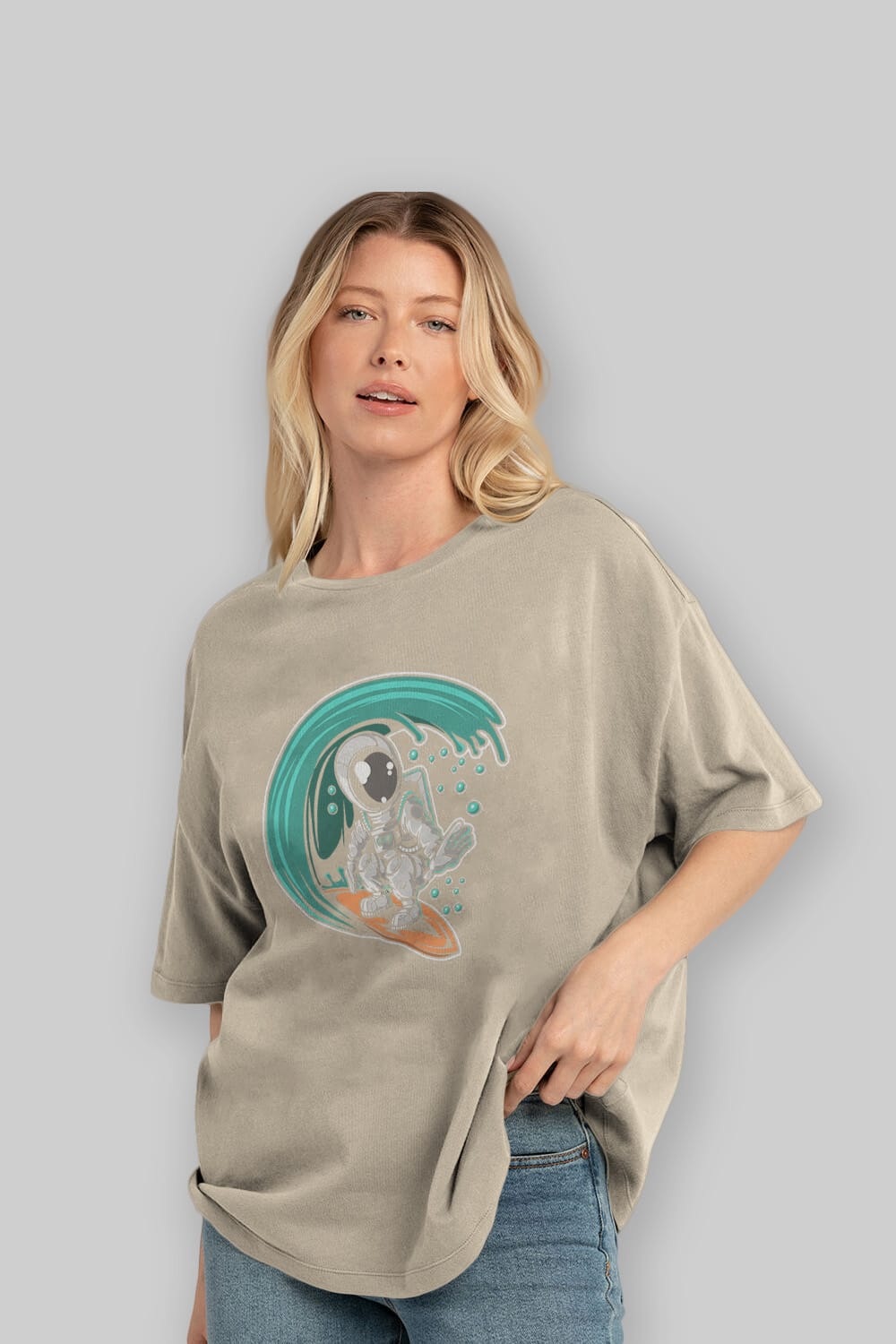 Astronaut Surfing Ön Baskılı Oversize t-shirt Erkek Kadın Unisex