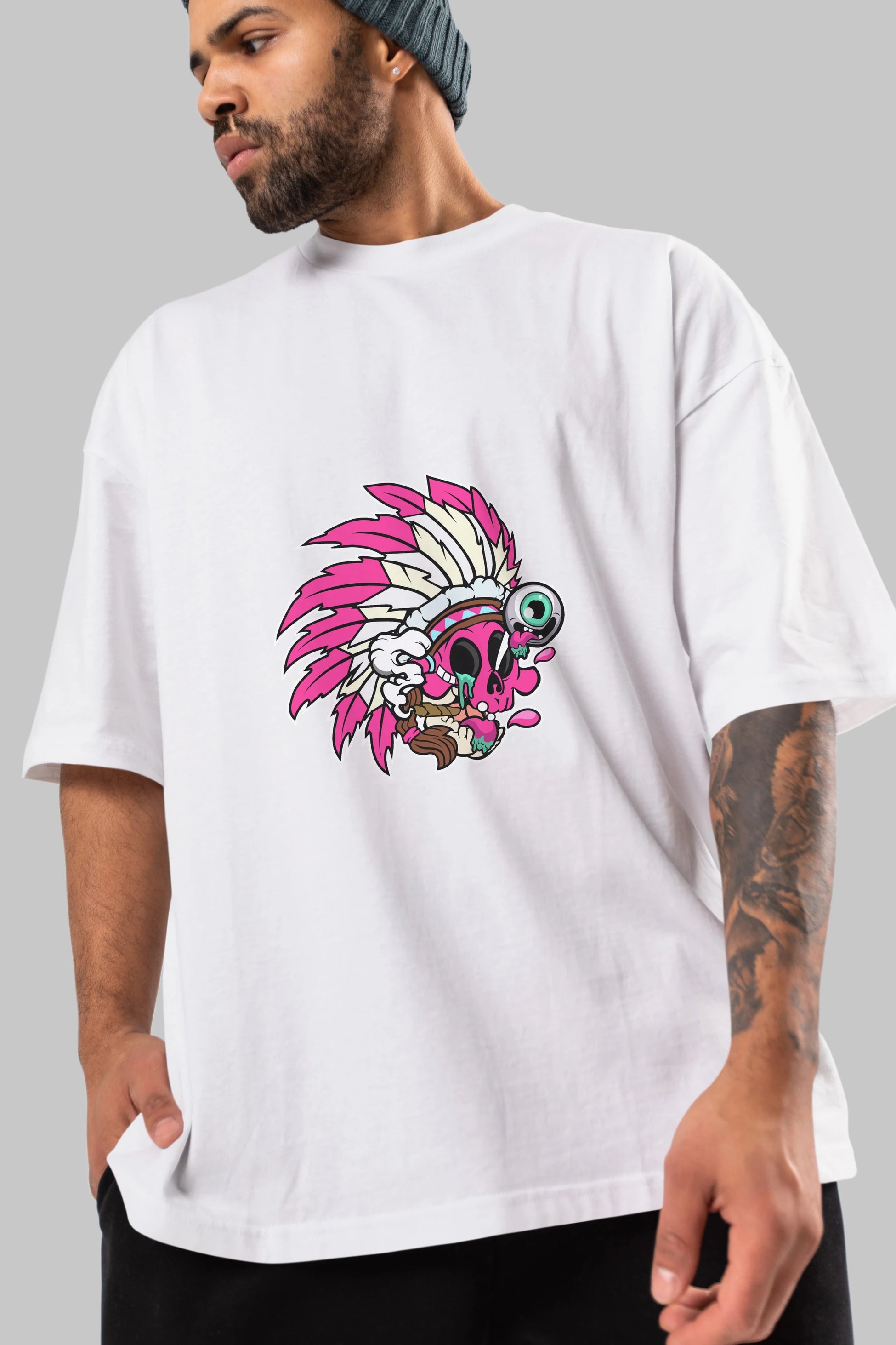 Skull Indian Ön Baskılı Oversize t-shirt Erkek Kadın Unisex %100 Pamuk tişort