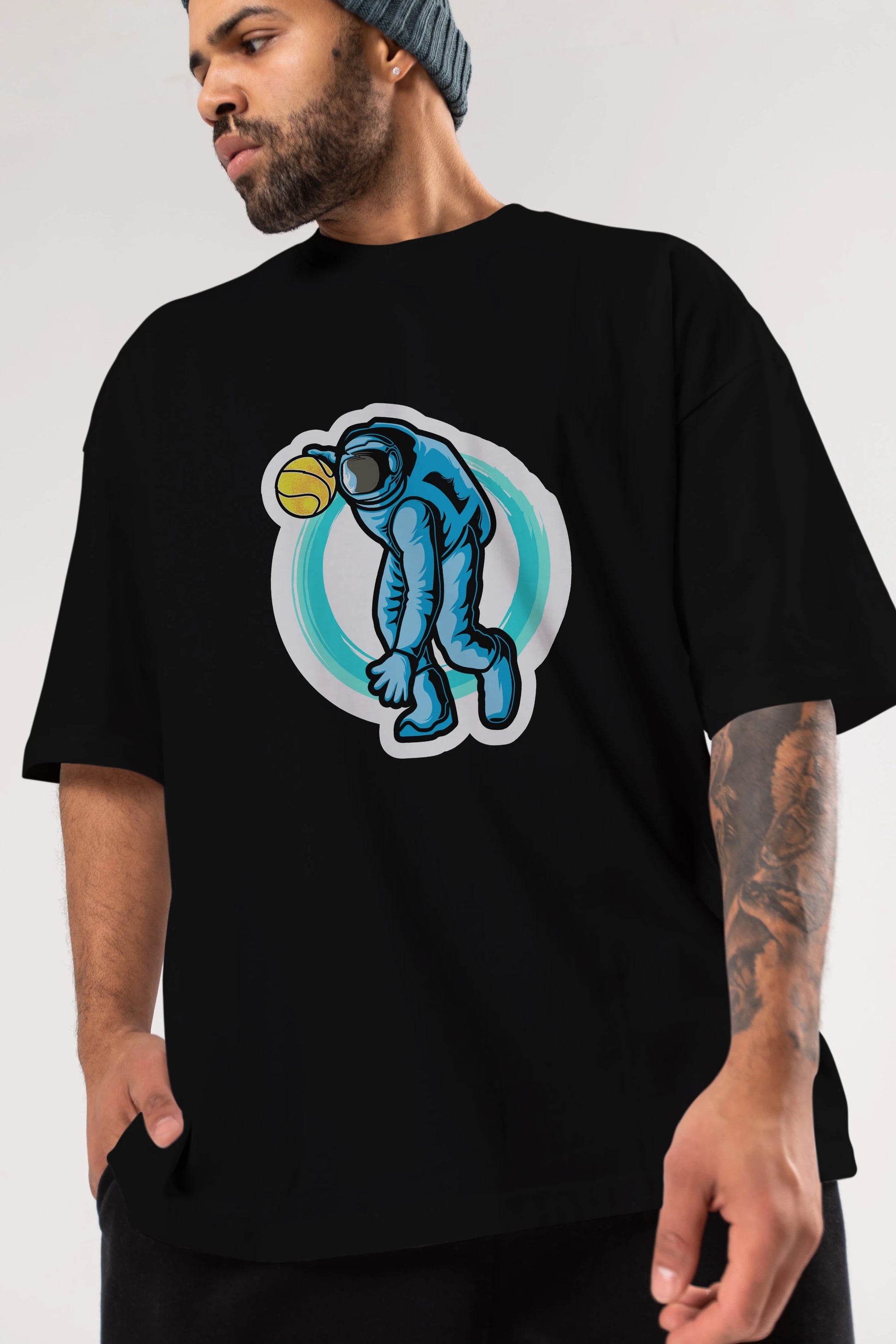 Astronaut Dribble Sticker Ön Baskılı Oversize t-shirt Erkek Kadın Unisex