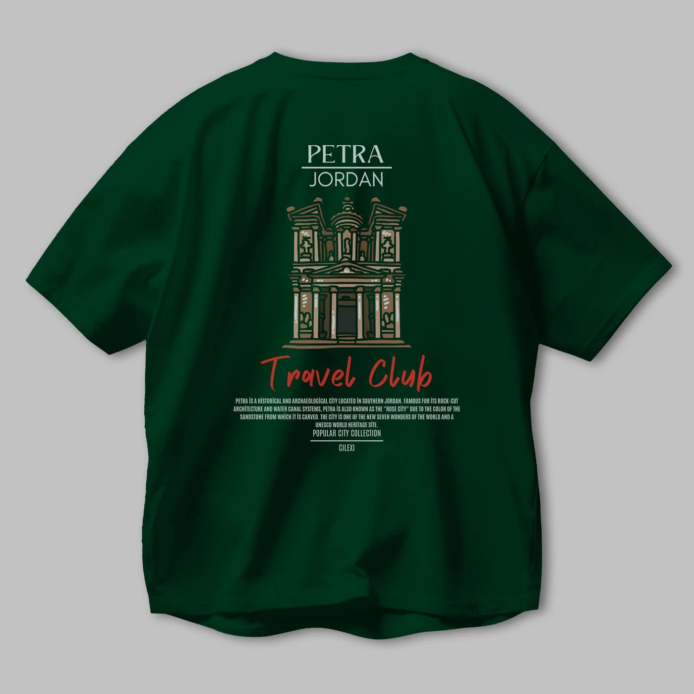Petra Jordan Arka Baskılı Oversize t-shirt Erkek Kadın Pamuk Bisiklet Yaka tişort