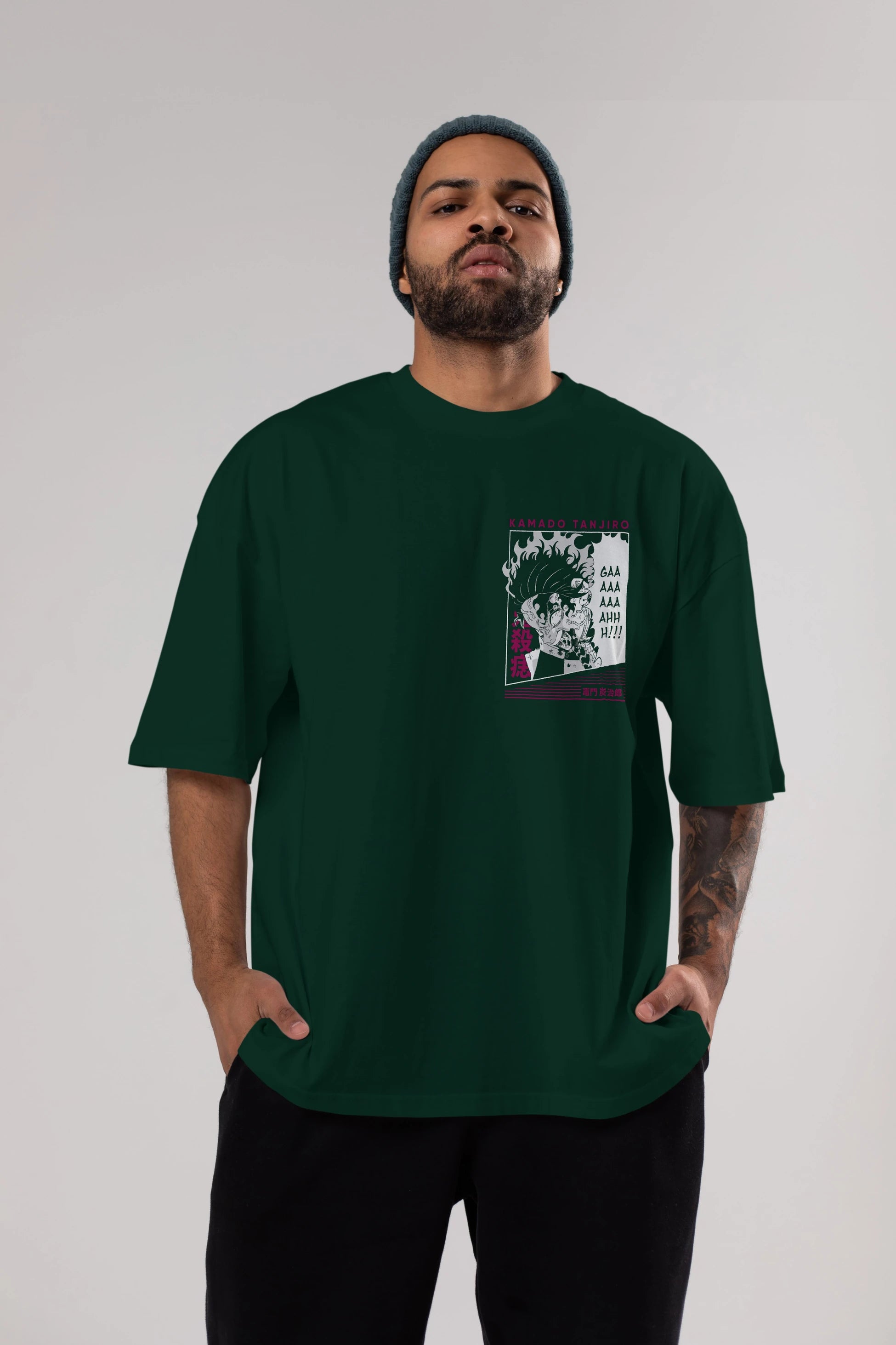 TANJIRO KAMADO 3 Ön Sol Baskılı Oversize t-shirt Erkek Kadın Unisex %100 Pamuk Bisiklet Yaka tişort