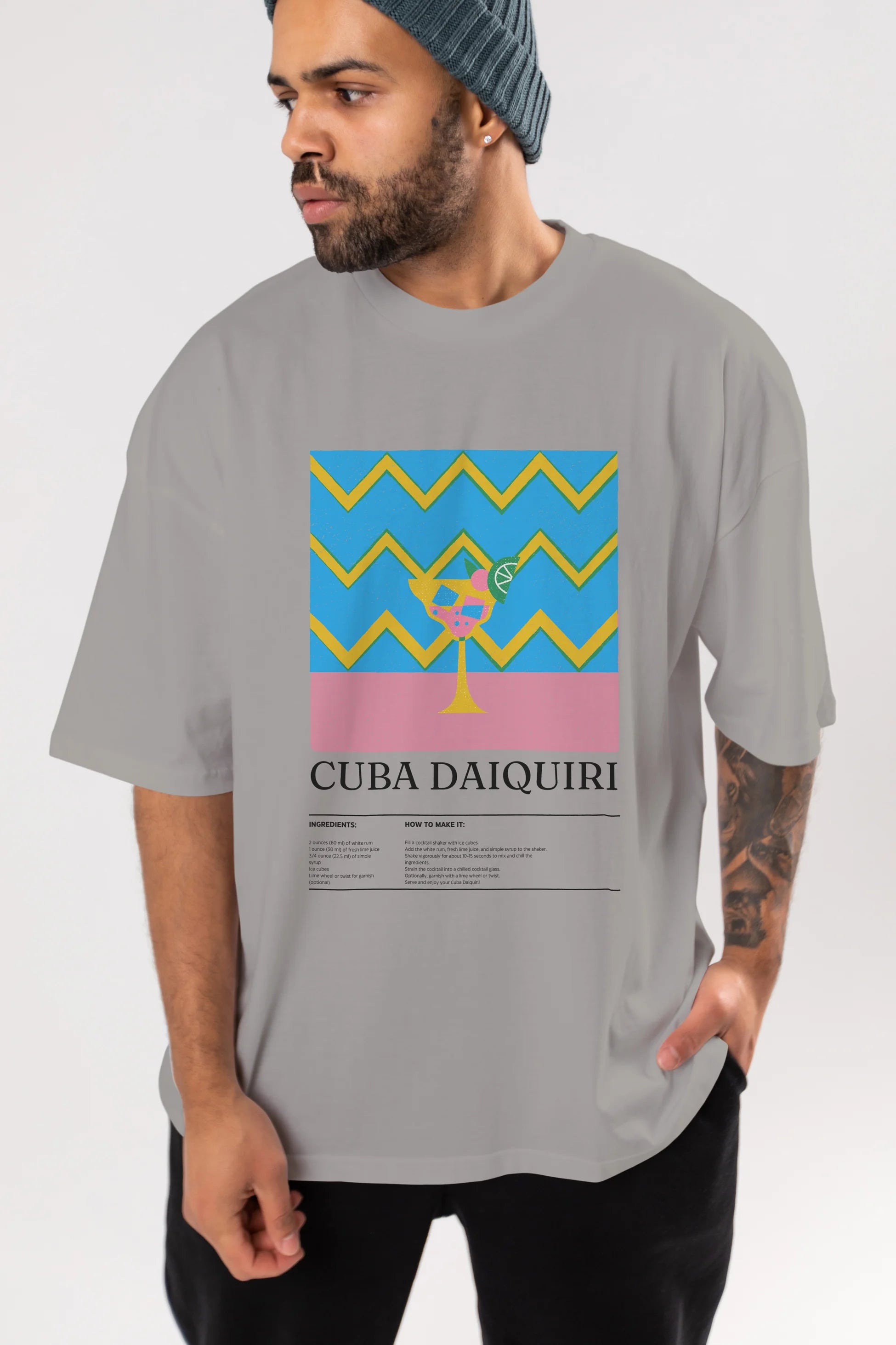 Cuba Daiquiri Kokteyl Ön Baskılı Oversize t-shirt Erkek Kadın %100 Pamuk Bisiklet Yaka tişort