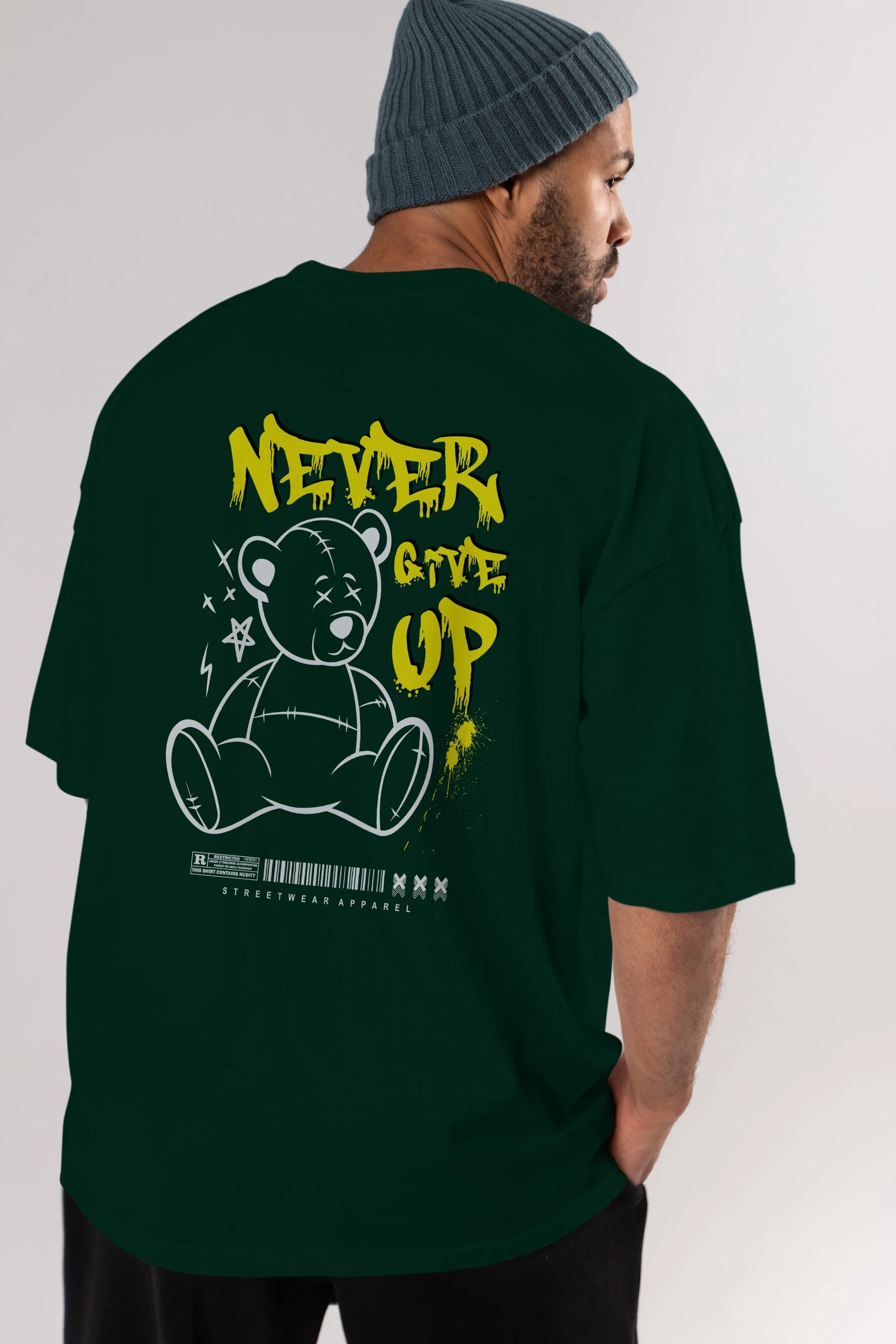 Teddy Bear Never Give Up Arka Baskılı Oversize t-shirt Erkek Kadın Unisex