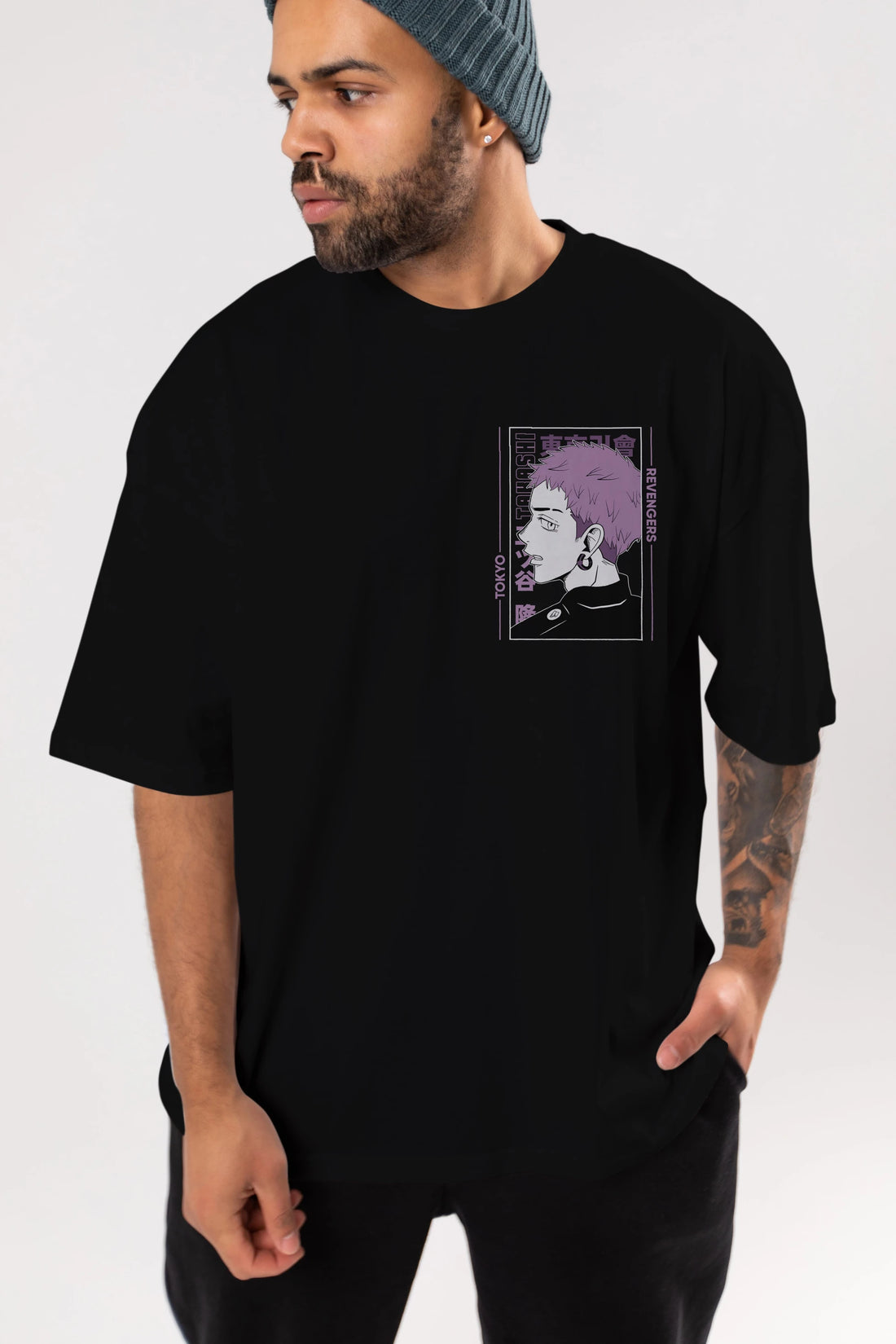 Takashi Mitsuya Ön Sol Baskılı Oversize t-shirt Erkek Kadın Unisex %100 Pamuk Bisiklet Yaka tişort