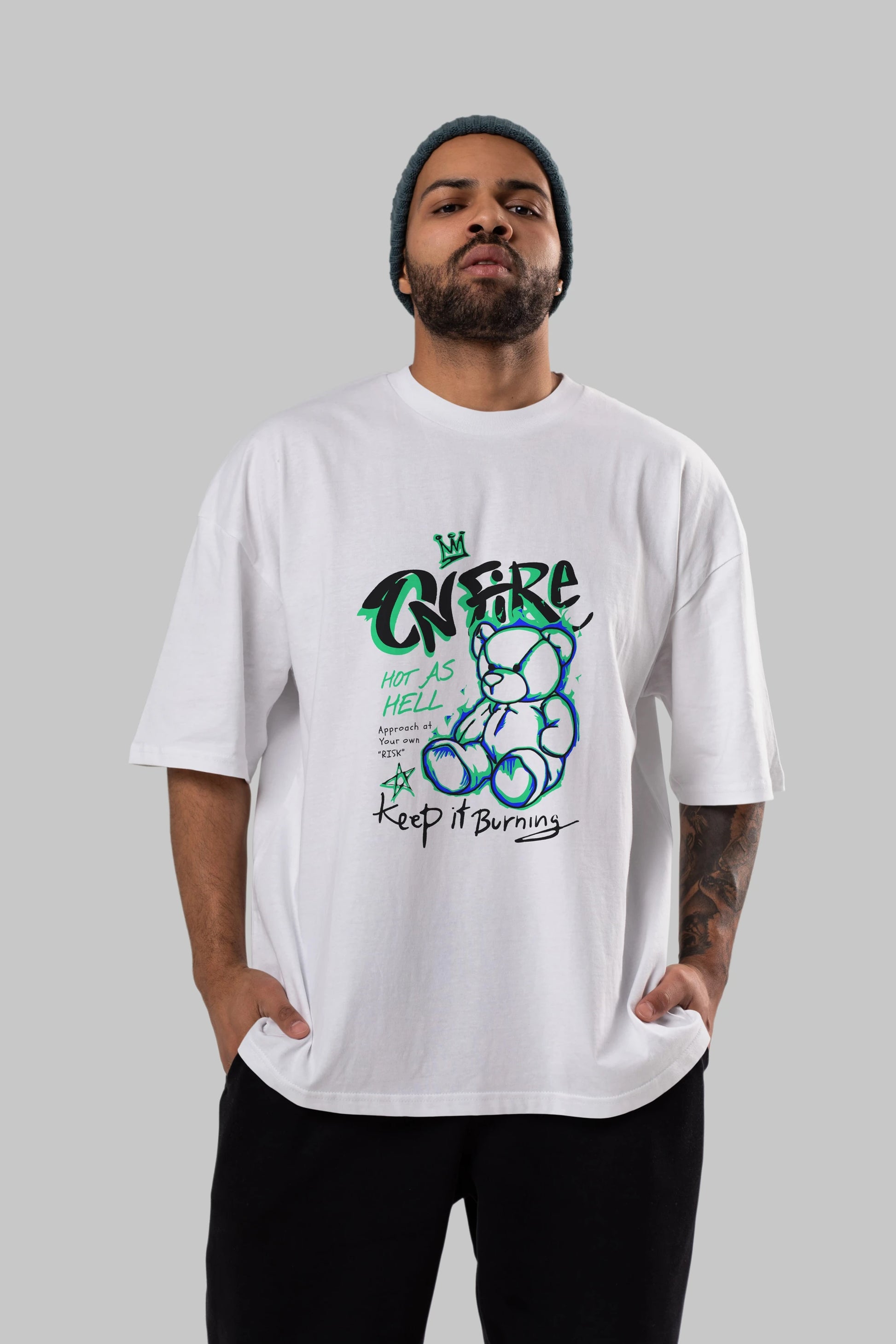 On Fire Bear Ön Baskılı Oversize t-shirt Erkek Kadın Unisex