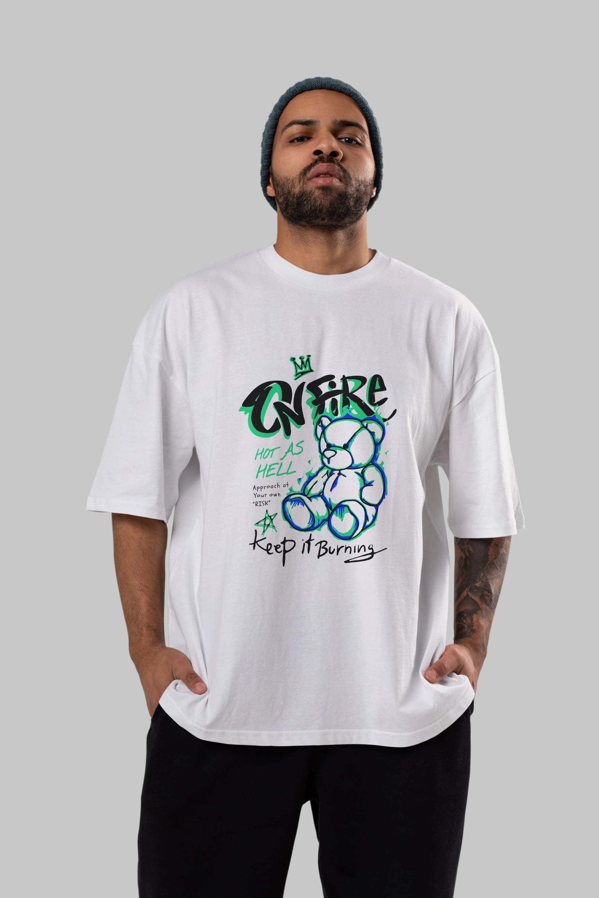On Fire Bear Ön Baskılı Oversize t-shirt Erkek Kadın Unisex