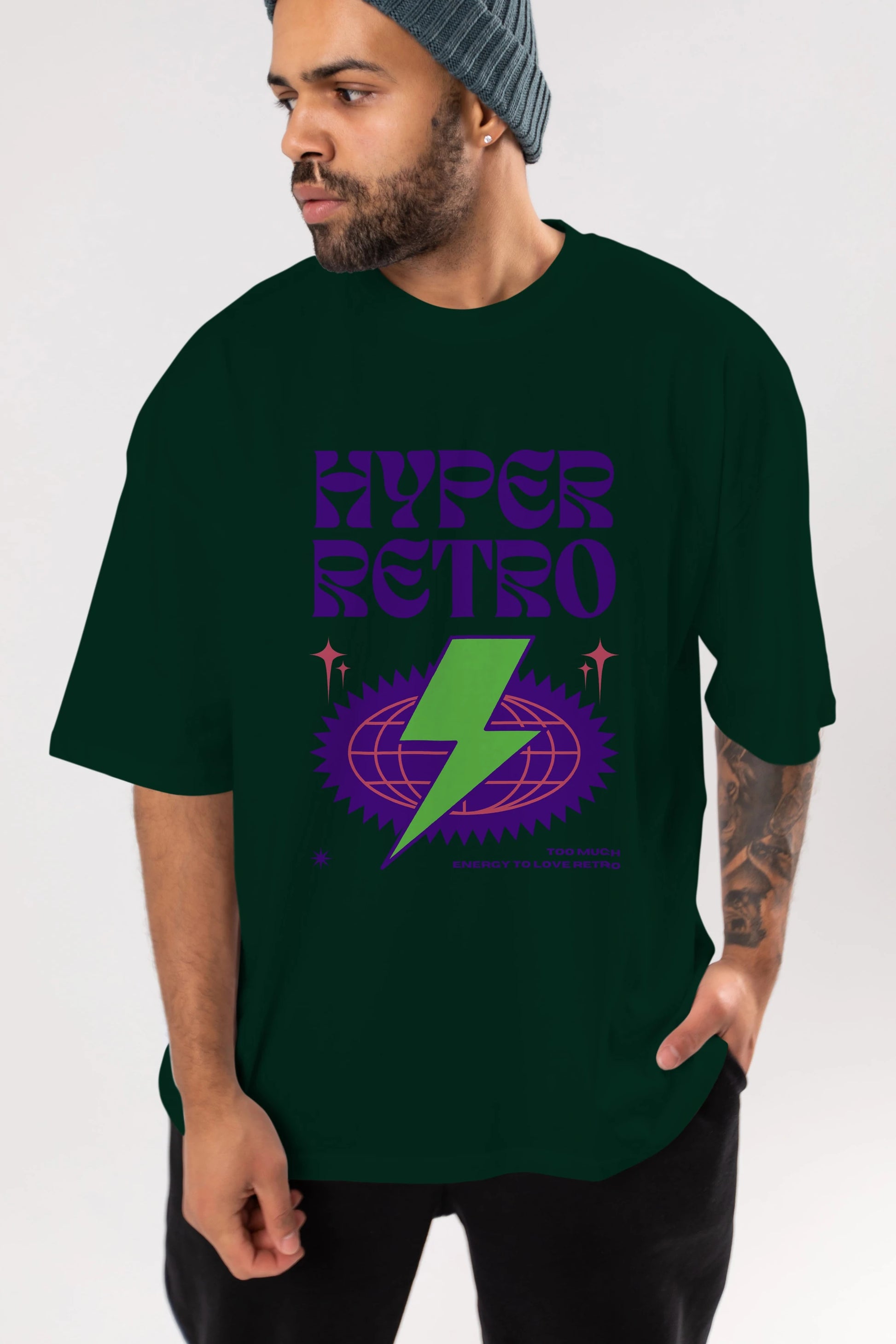 Hyper Retro Yazılı Ön Baskılı Oversize t-shirt Erkek Kadın Unisex