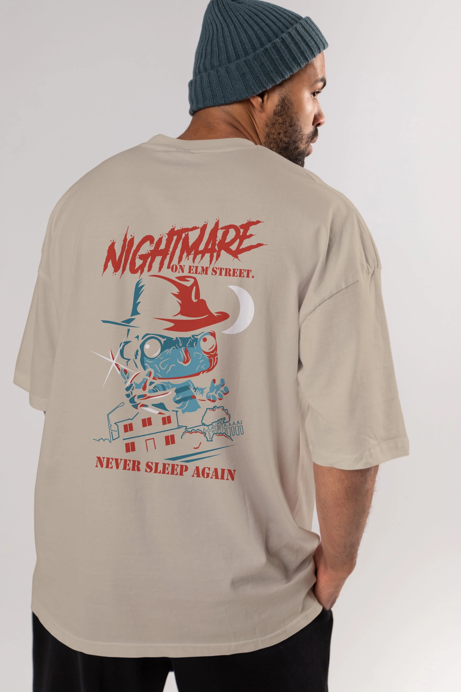 Nightmare Elm Sokağı Arka Baskılı Oversize t-shirt Erkek Kadın Unisex %100 Pamuk Bisiklet Yaka tişort