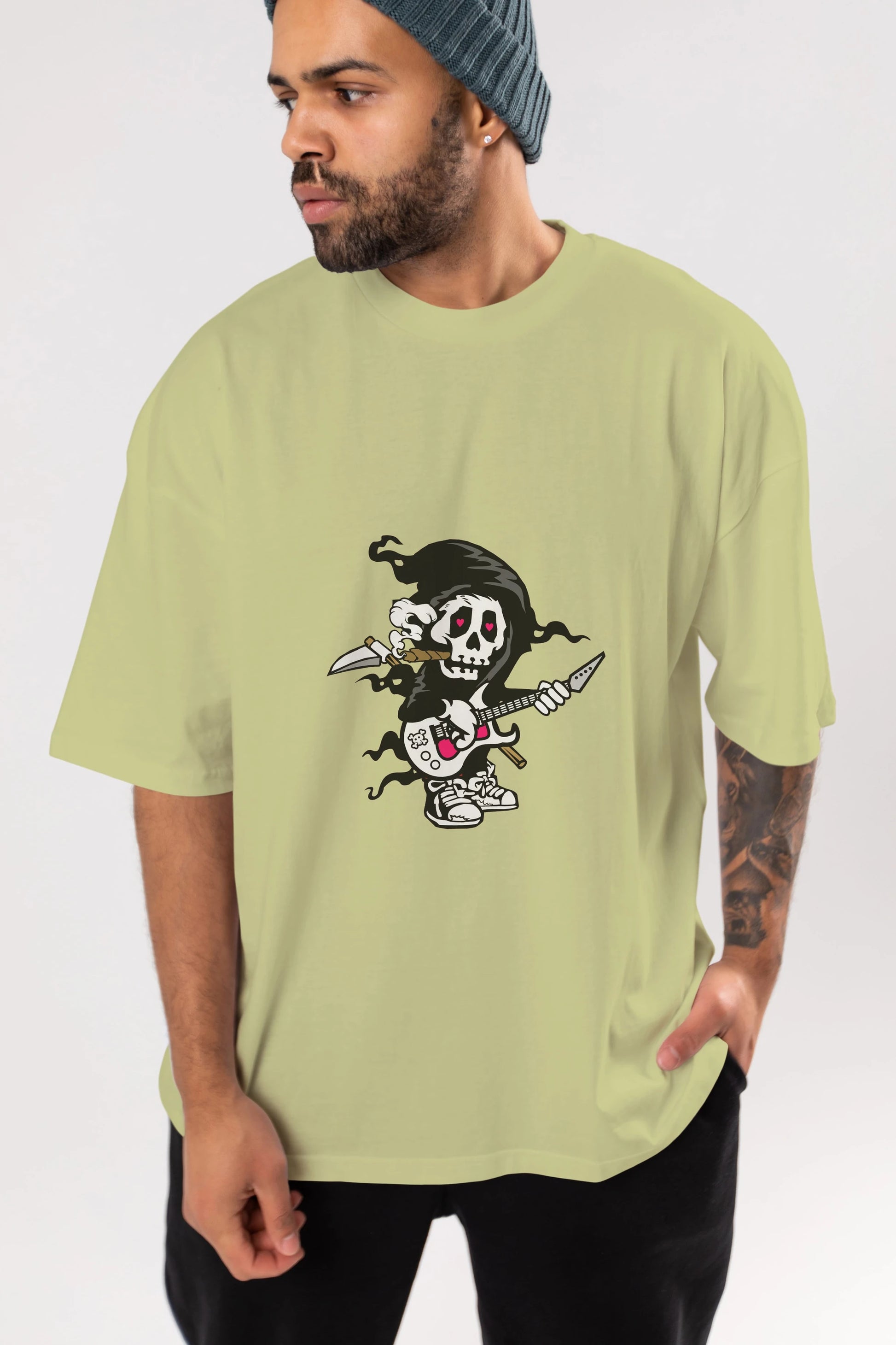Grim Rockstar Ön Baskılı Oversize t-shirt Erkek Kadın Unisex %100 Pamuk tişort