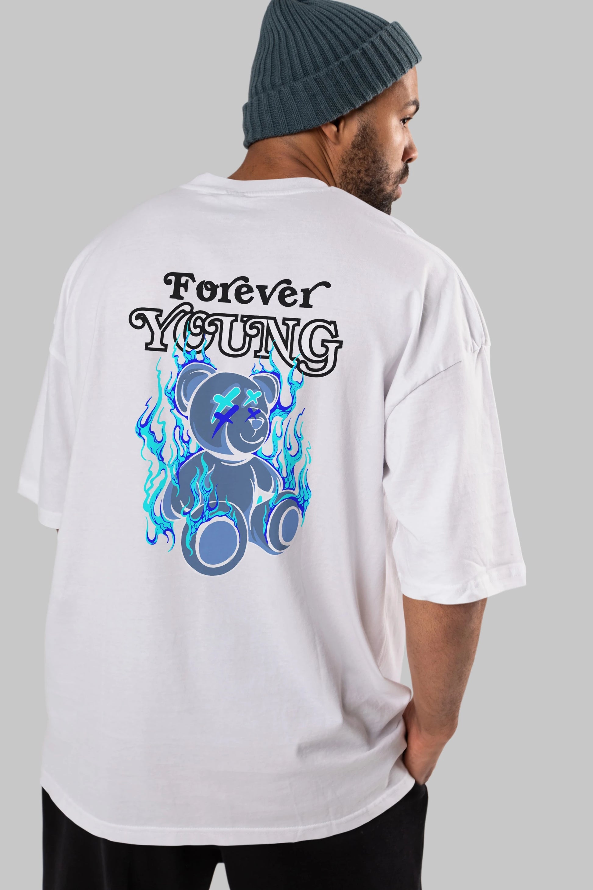 Forever Young Bear Arka Baskılı Oversize t-shirt Erkek Kadın Unisex