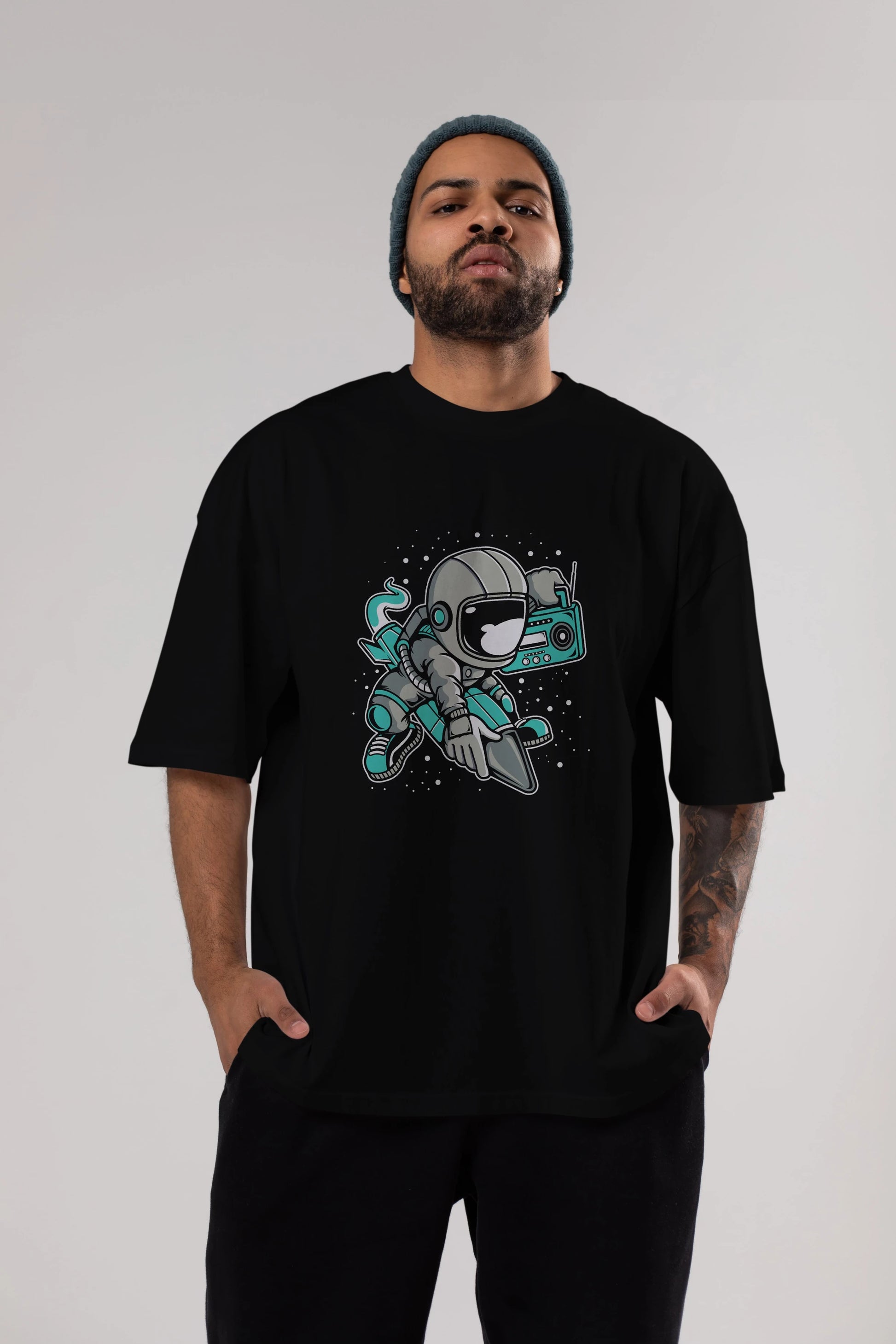 Astronaut Rocket (2) Ön Baskılı Oversize t-shirt Erkek Kadın Unisex