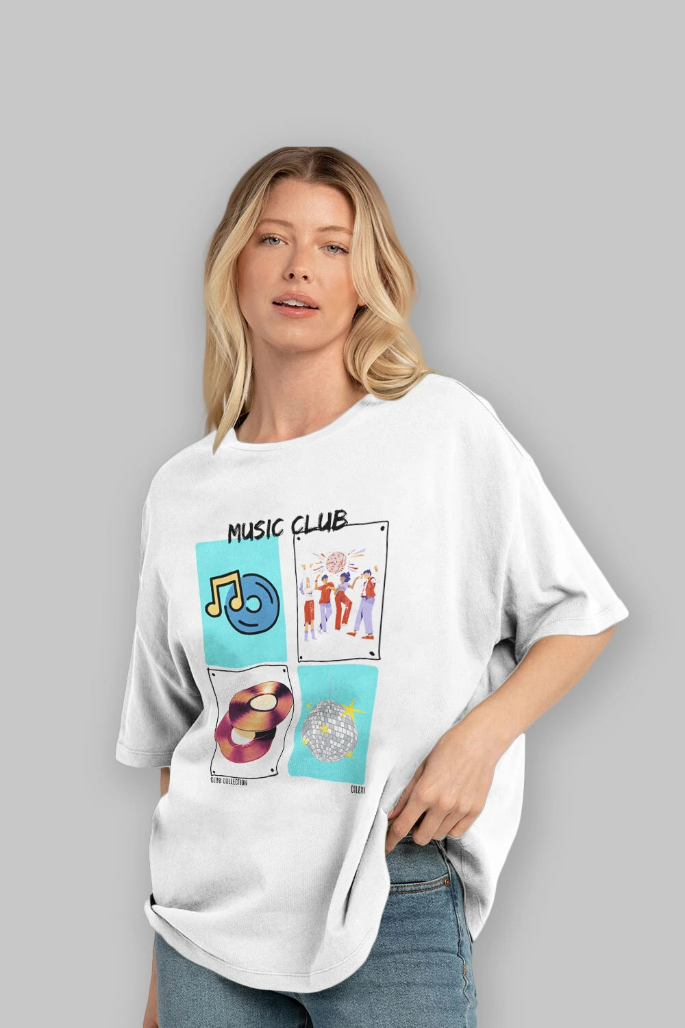 Music Club ön Baskılı Oversize t-shirt Erkek Kadın %100 Pamuk Bisiklet Yaka tişort