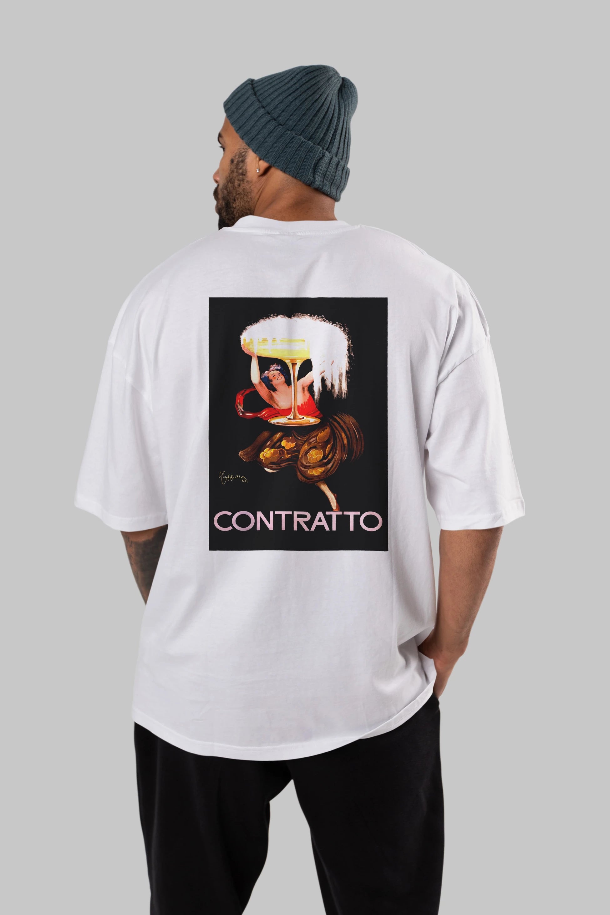 Contratto Arka Baskılı Oversize t-shirt Erkek Kadın Unisex %100 Pamuk Bisiklet Yaka tişort