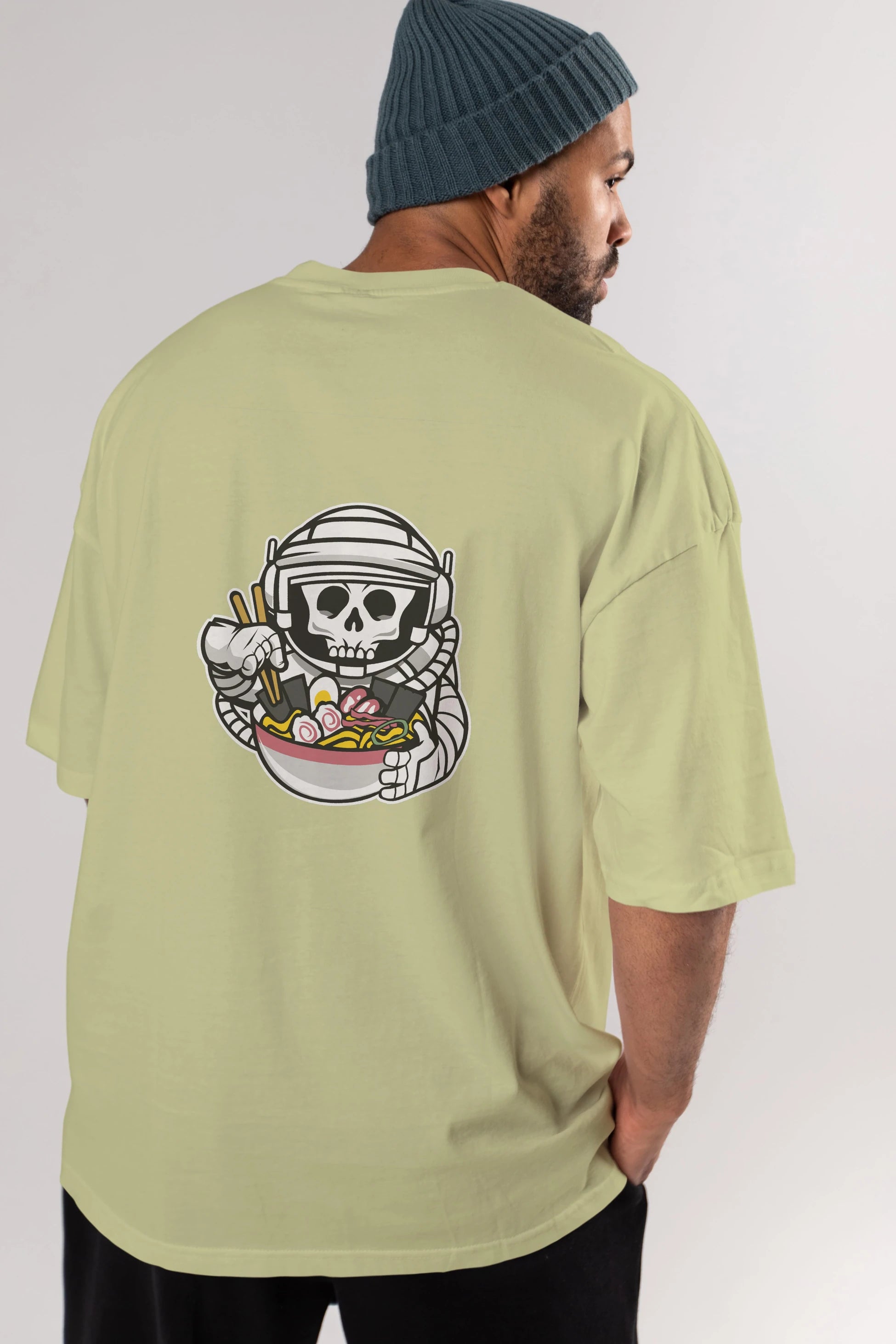 Astronaut Ramen Arka Baskılı Oversize t-shirt Erkek Kadın Unisex %100 Pamuk tişort