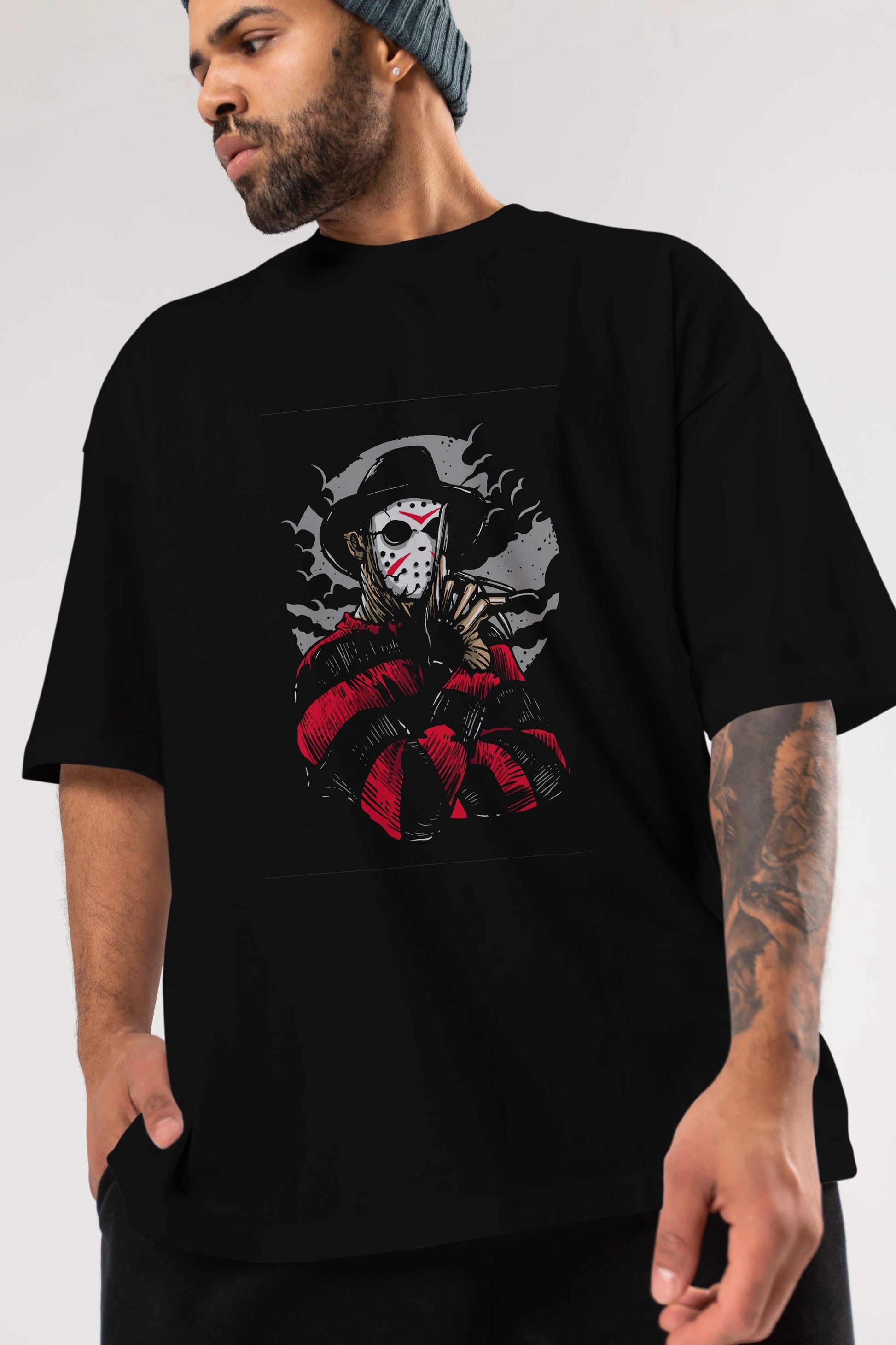 Freddy VS Jason (2) Ön Baskılı Oversize t-shirt Erkek Kadın Unisex %100 Pamuk tişort