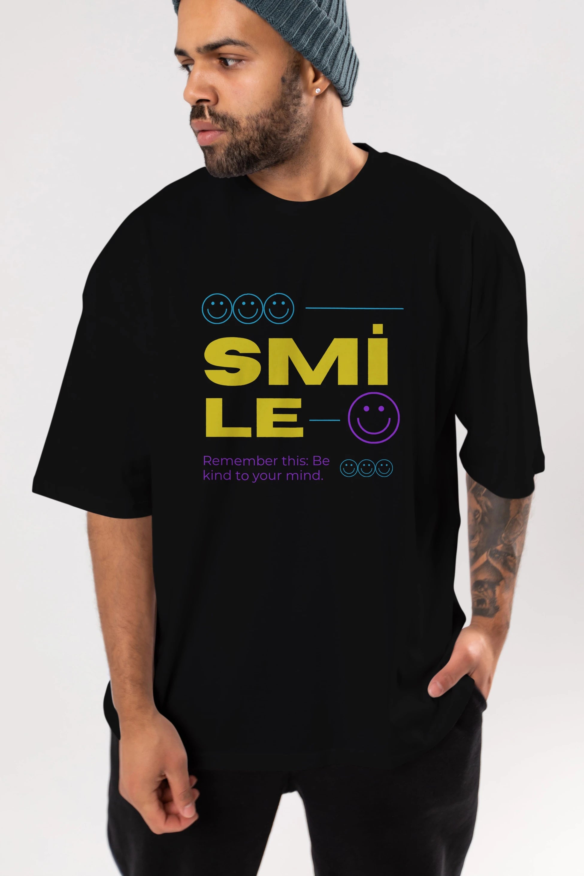 Smile Yazılı 2 Ön Baskılı Oversize t-shirt Erkek Kadın Unisex