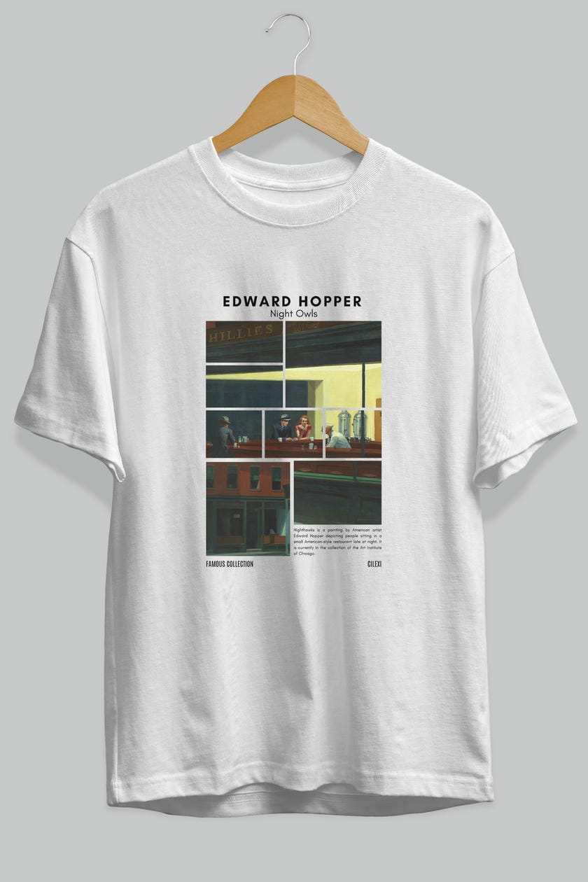 Edward Hopper Night Owls ön Baskılı Oversize t-shirt Erkek Kadın Bisiklet Yaka Pamuk tişort