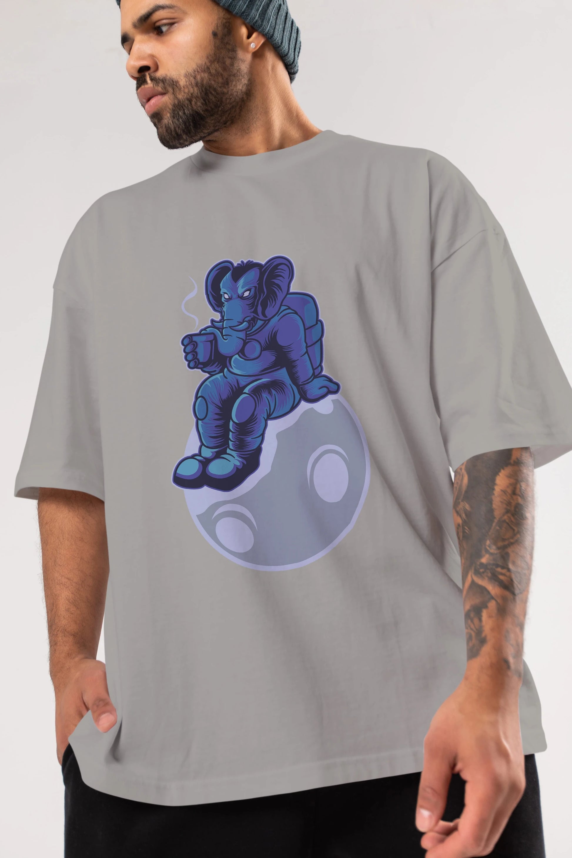Space Elephant Drink Coffee Ön Baskılı Oversize t-shirt Erkek Kadın Unisex