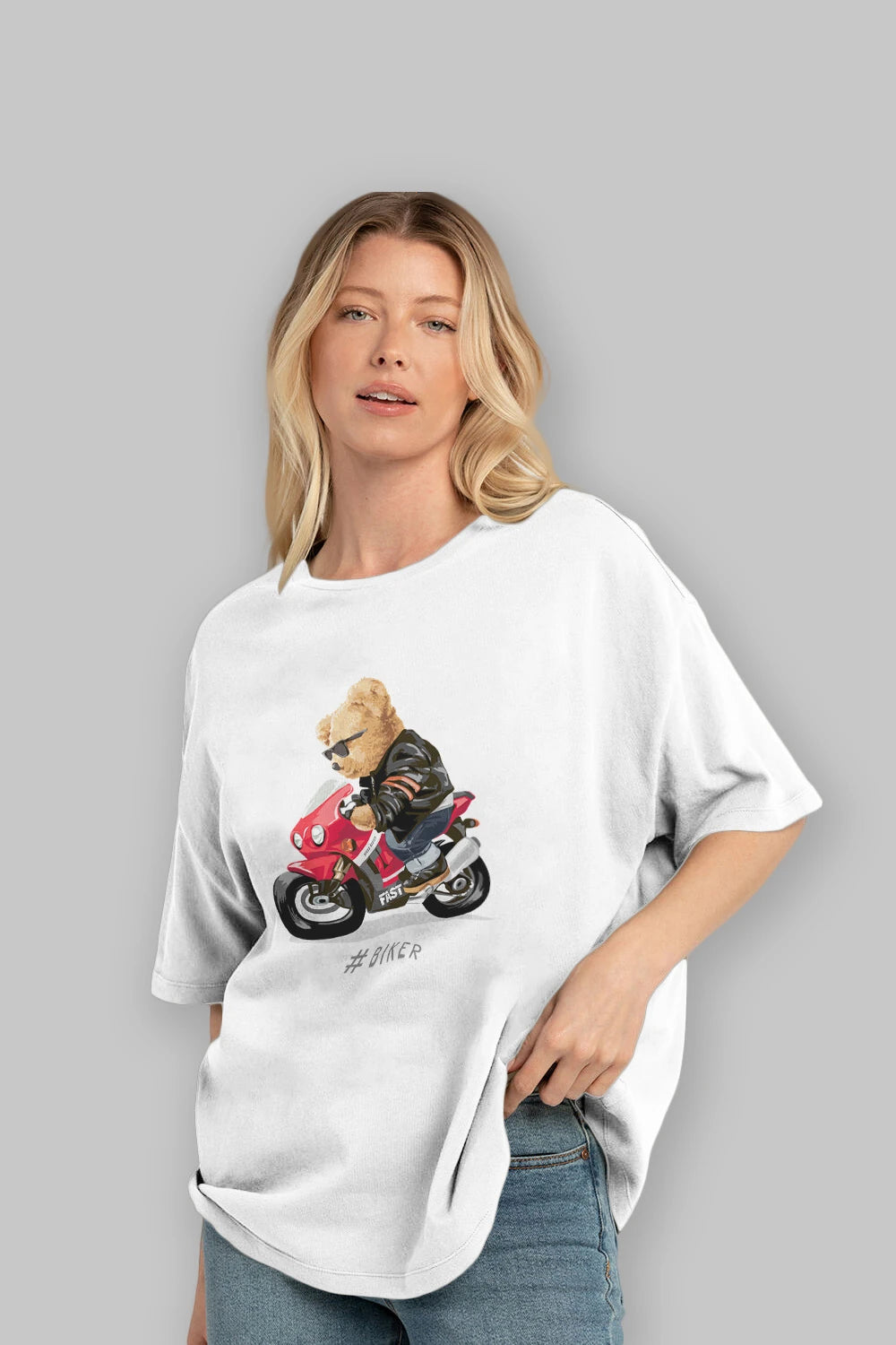 Teddy Bear Biker Ön Baskılı Oversize t-shirt Erkek Kadın Unisex %100 Pamuk