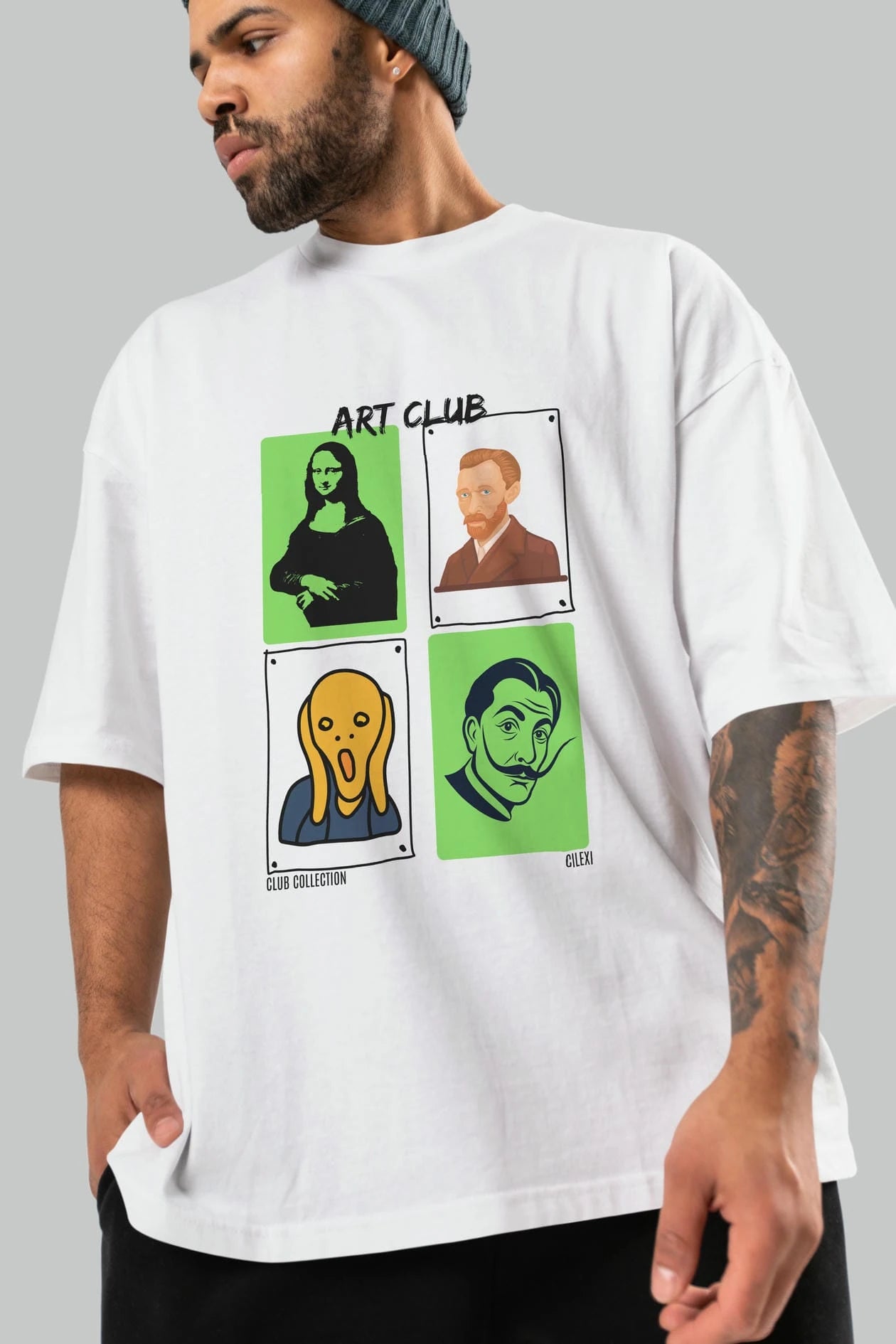 Art Club ön Baskılı Oversize t-shirt Erkek Kadın %100 Pamuk Bisiklet Yaka tişort