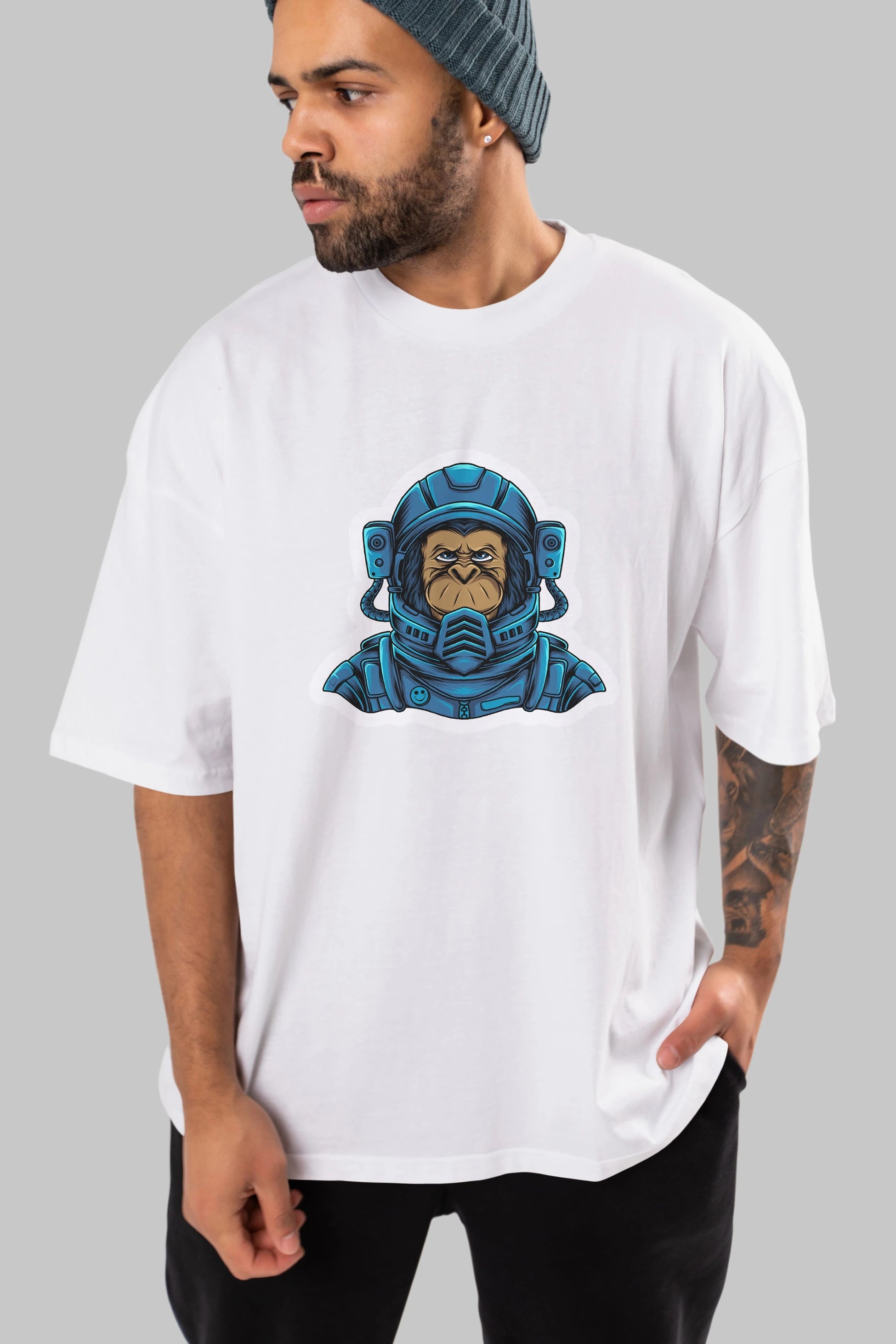 Astromonkey Sticker Ön Baskılı Oversize t-shirt Erkek Kadın Unisex
