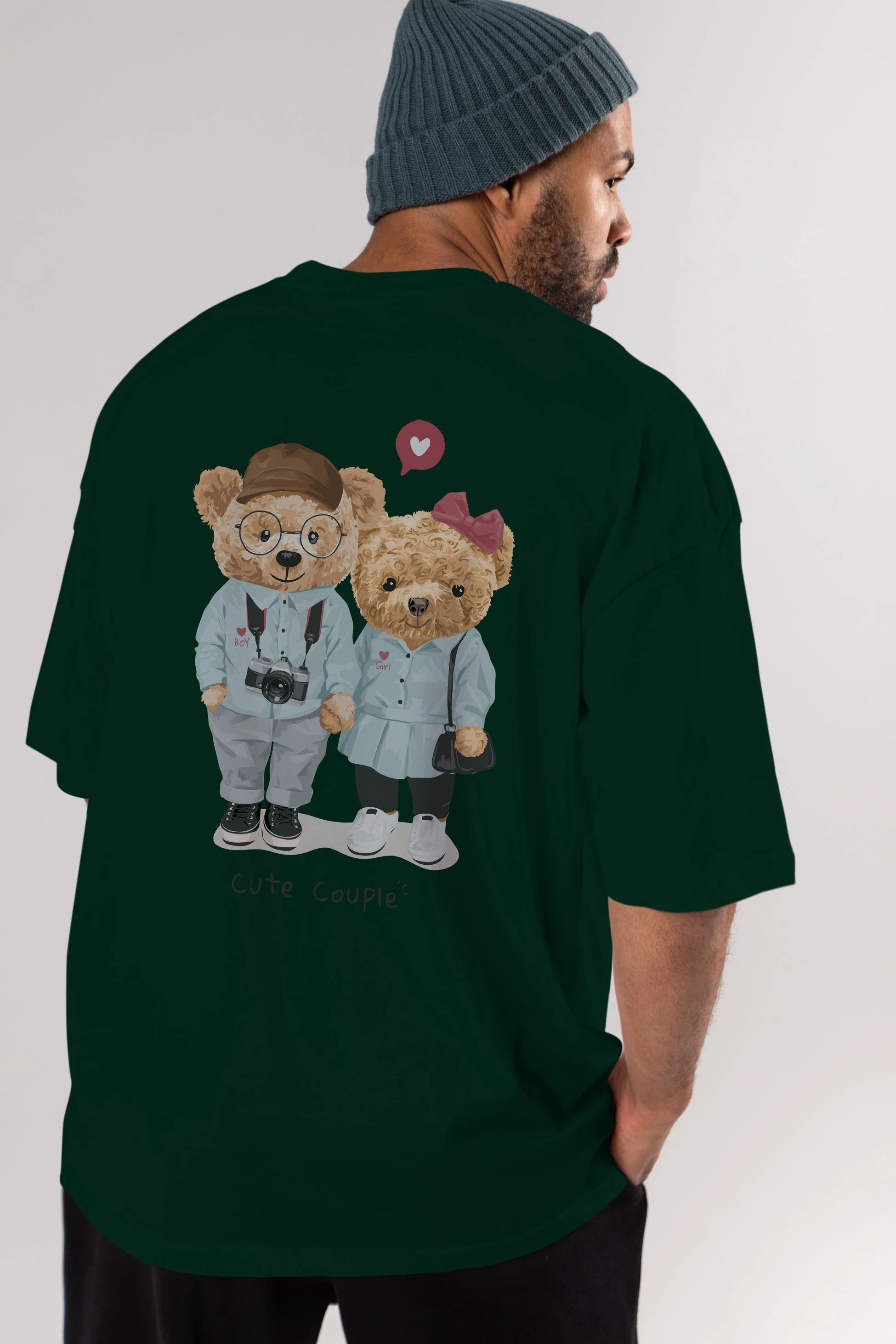 Teddy Bear Cute Couple Arka Baskılı Oversize t-shirt Erkek Kadın Unisex %100 Pamuk