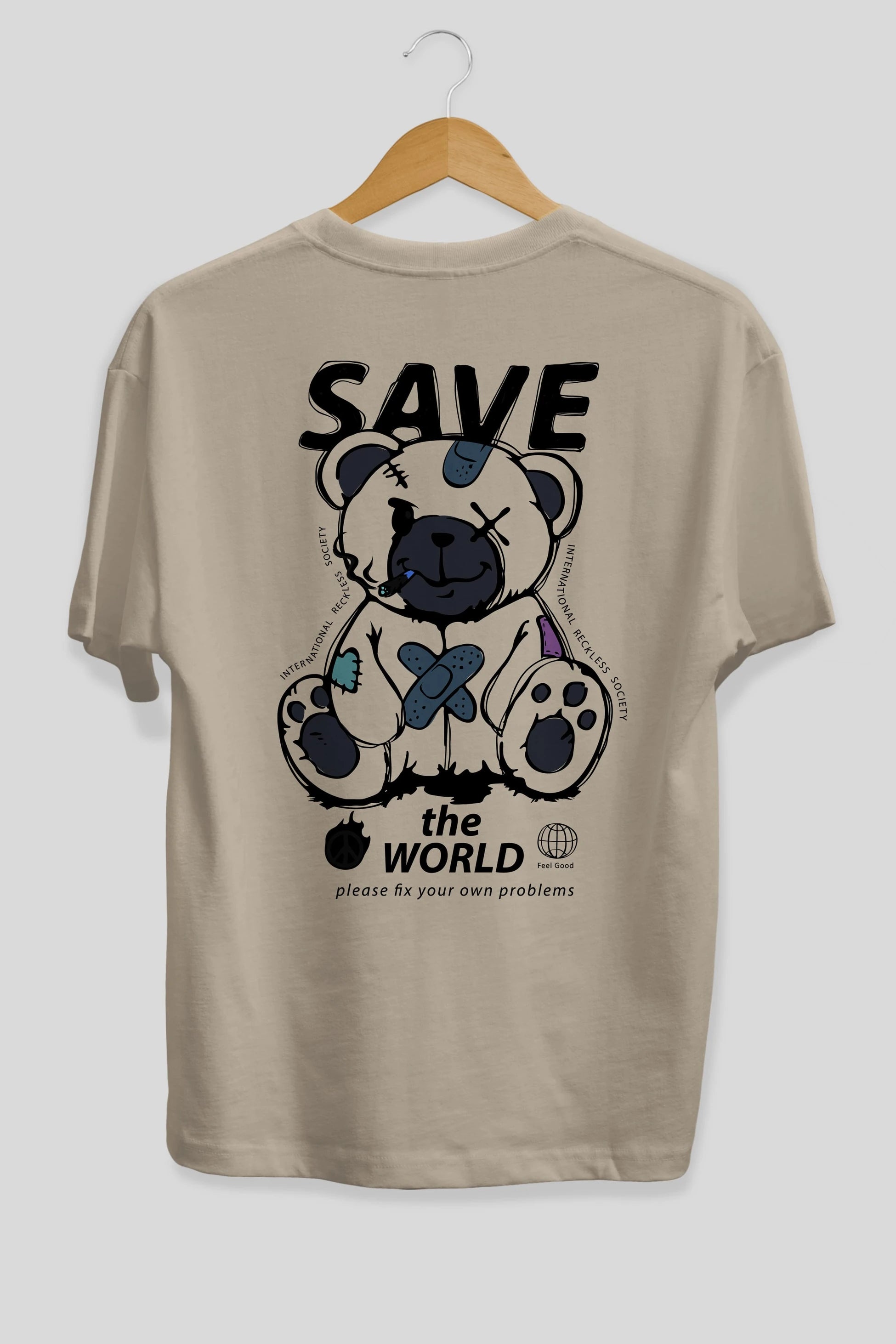 Save the World Bear Arka Baskılı Oversize t-shirt Erkek Kadın Unisex