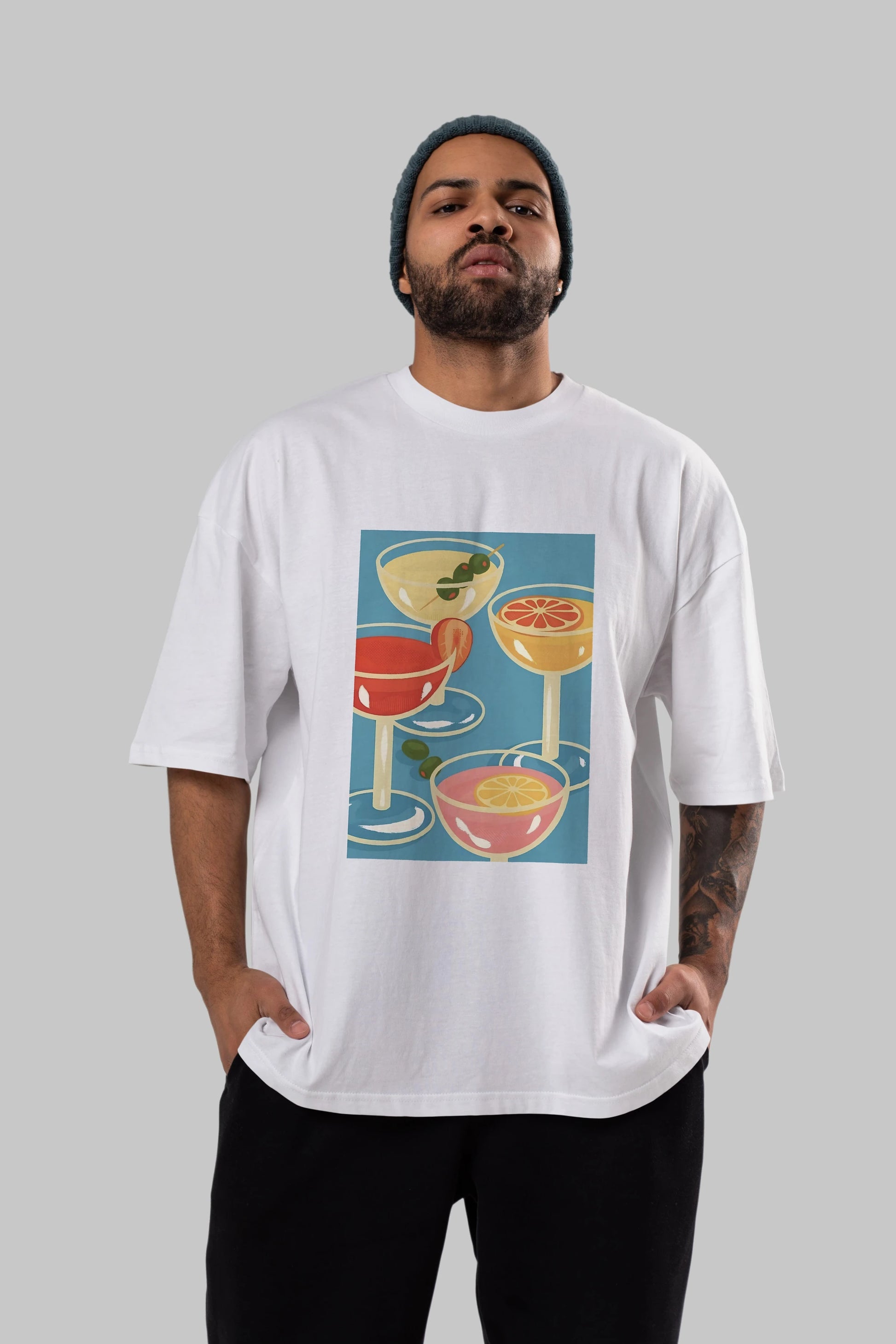 Cocktails Ön Baskılı Oversize t-shirt Erkek Kadın Unisex %100 Pamuk Bisiklet Yaka tişort