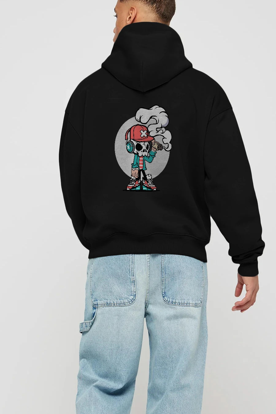 Skull Headphone Arka Baskılı Hoodie Oversize Kapüşonlu Sweatshirt Erkek Kadın Unisex