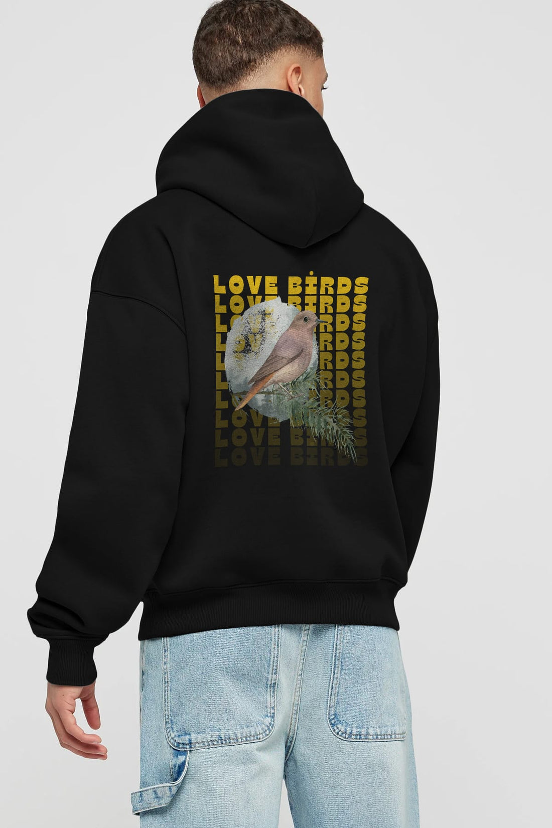 Love Birds Yazılı Arka Baskılı Oversize Hoodie Kapüşonlu Sweatshirt Erkek Kadın Unisex