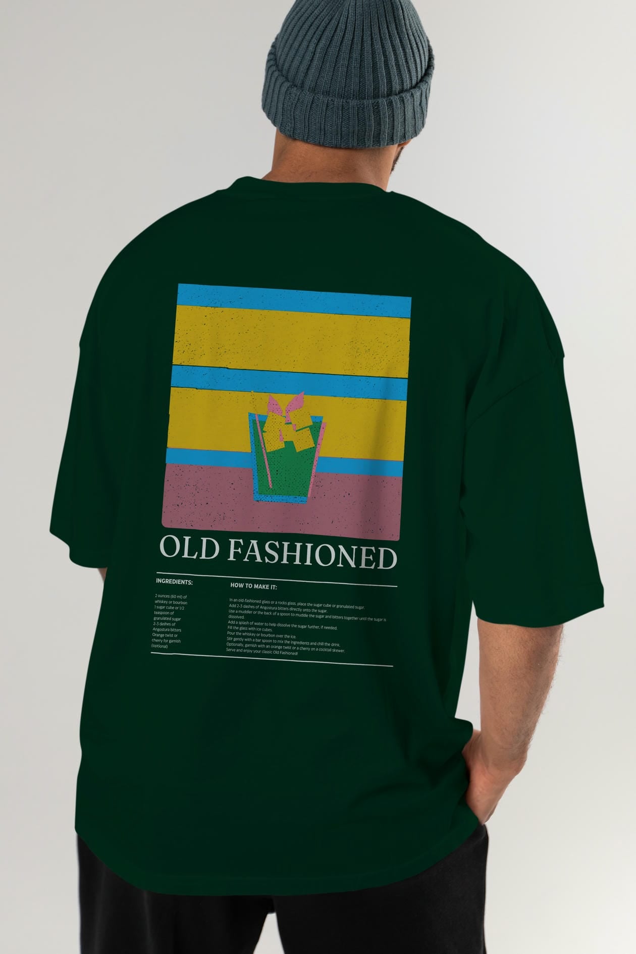Old Fashioned Kokteyl Serisi Arka Baskılı Oversize t-shirt Erkek Kadın %100 Pamuk Bisiklet Yaka tişort