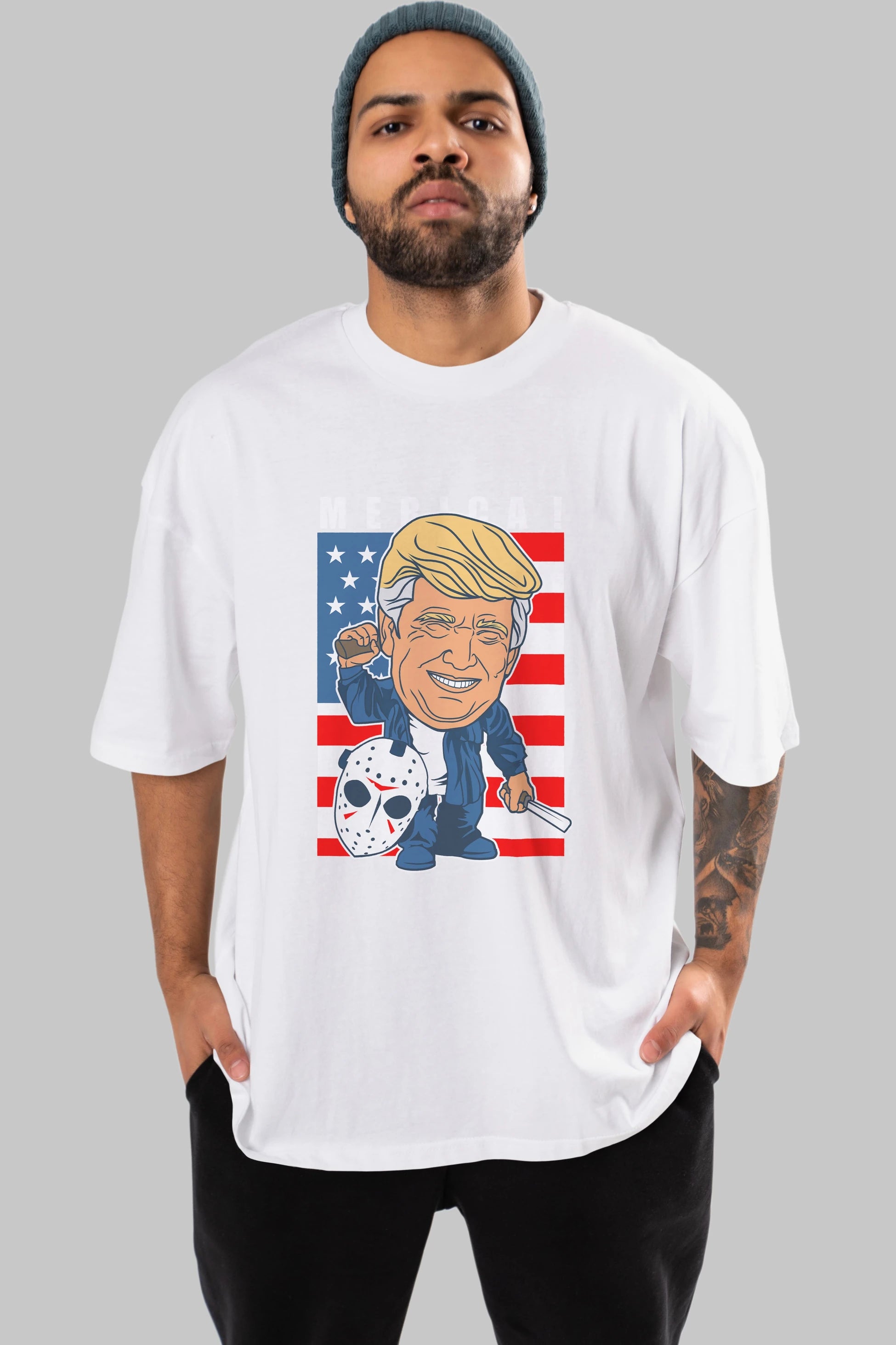 Jason Voorhess Trump Ön Baskılı Oversize t-shirt Erkek Kadın Unisex %100 Pamuk tişort