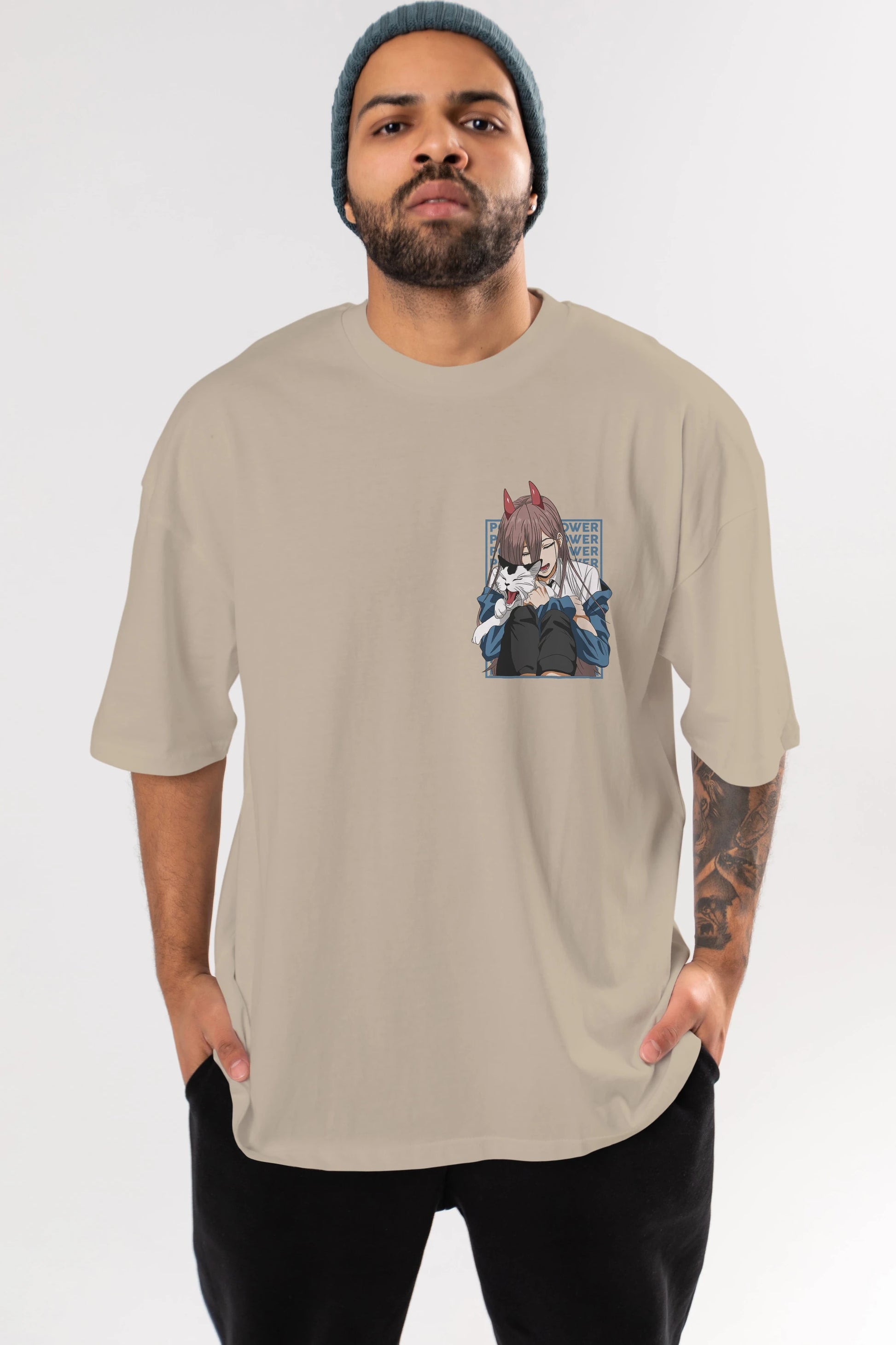 POWER CHAINSAWMAN Ön Sol Baskılı Oversize t-shirt Erkek Kadın Unisex %100 Pamuk Bisiklet Yaka tişort