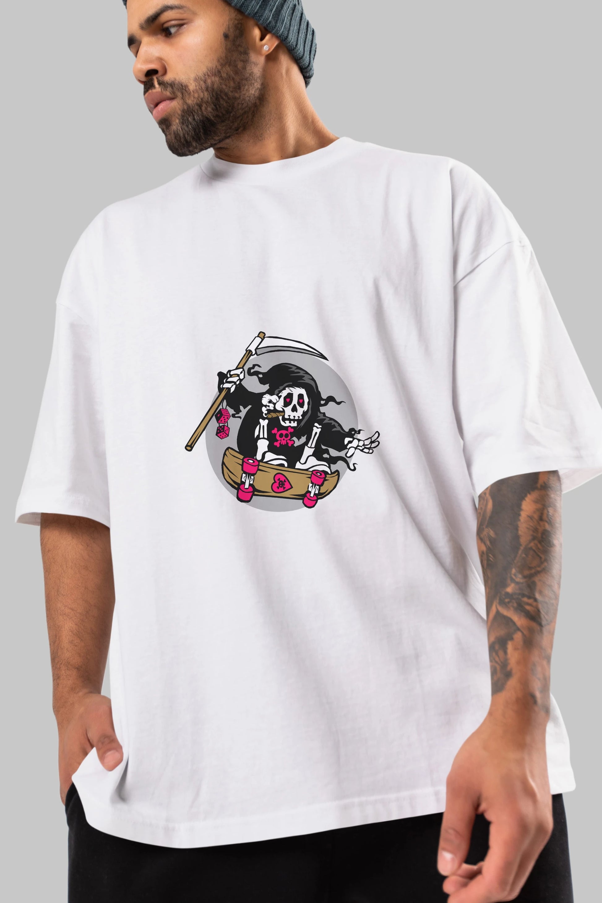 Grim Skater Ön Baskılı Oversize t-shirt Erkek Kadın Unisex %100 Pamuk tişort