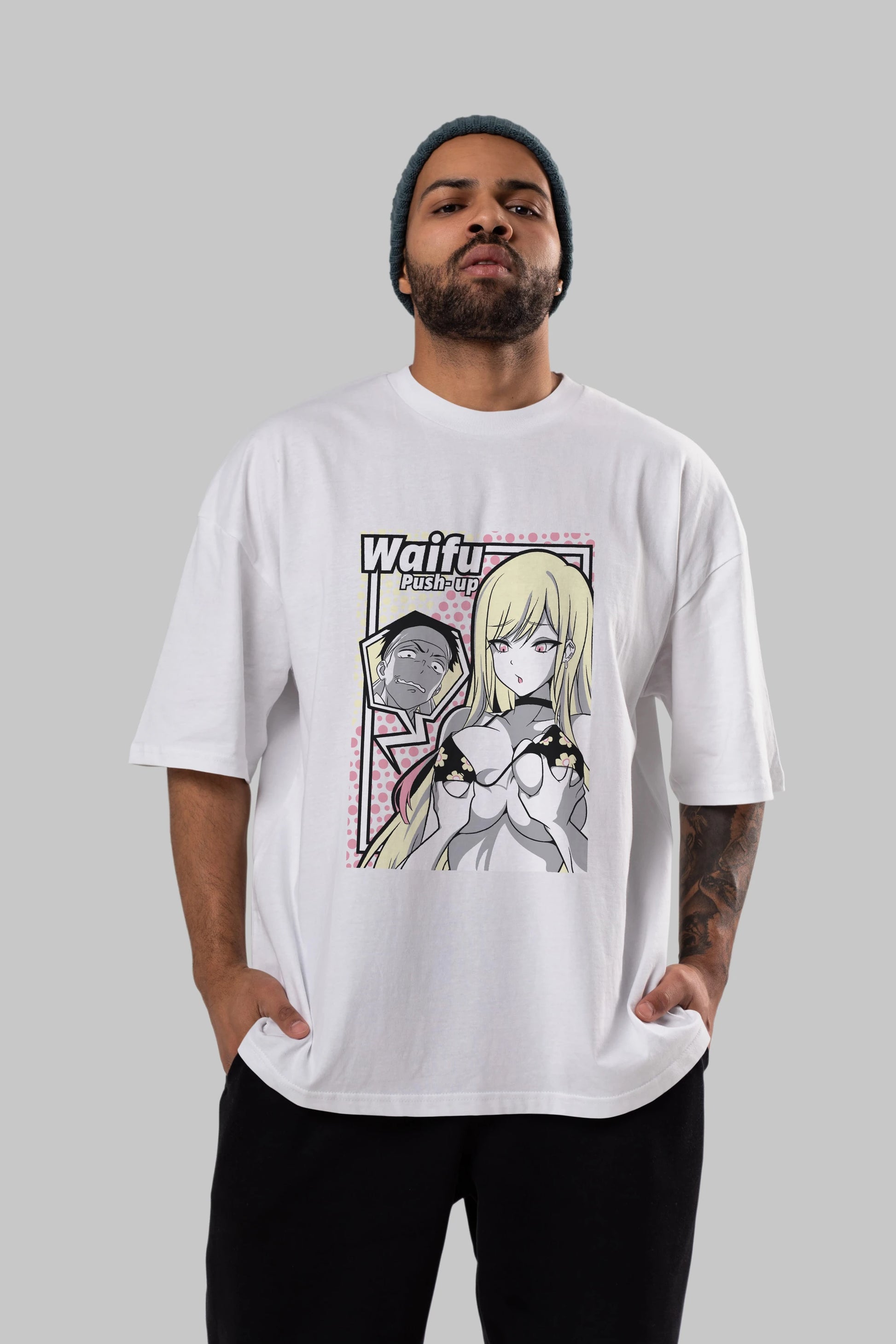 Waifu PushUp Anime Ön Baskılı Oversize t-shirt %100 pamuk Erkek Kadın Unisex