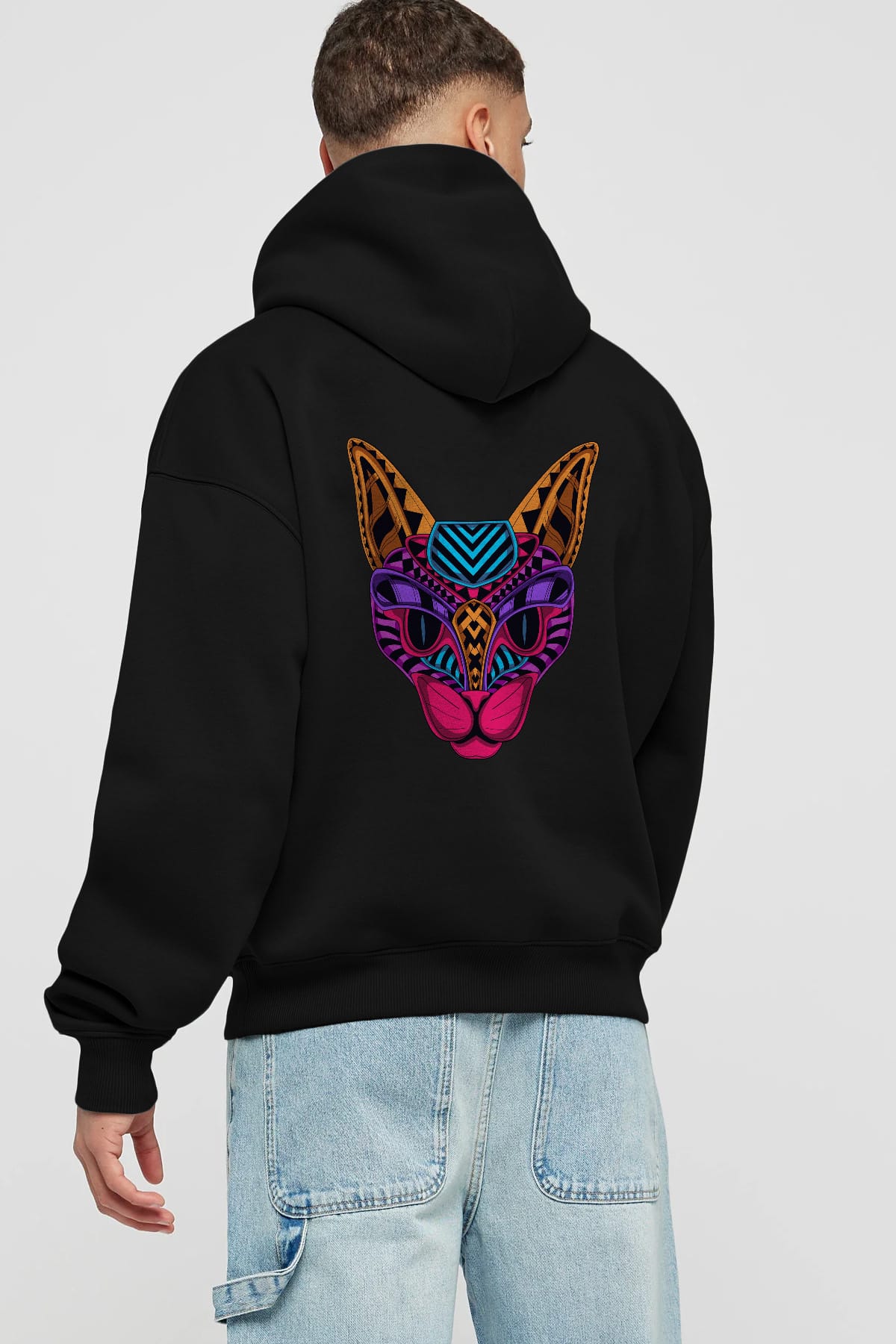 Black Neon Cat Arka Baskılı Oversize Hoodie Kapüşonlu Sweatshirt Erkek Kadın Unisex
