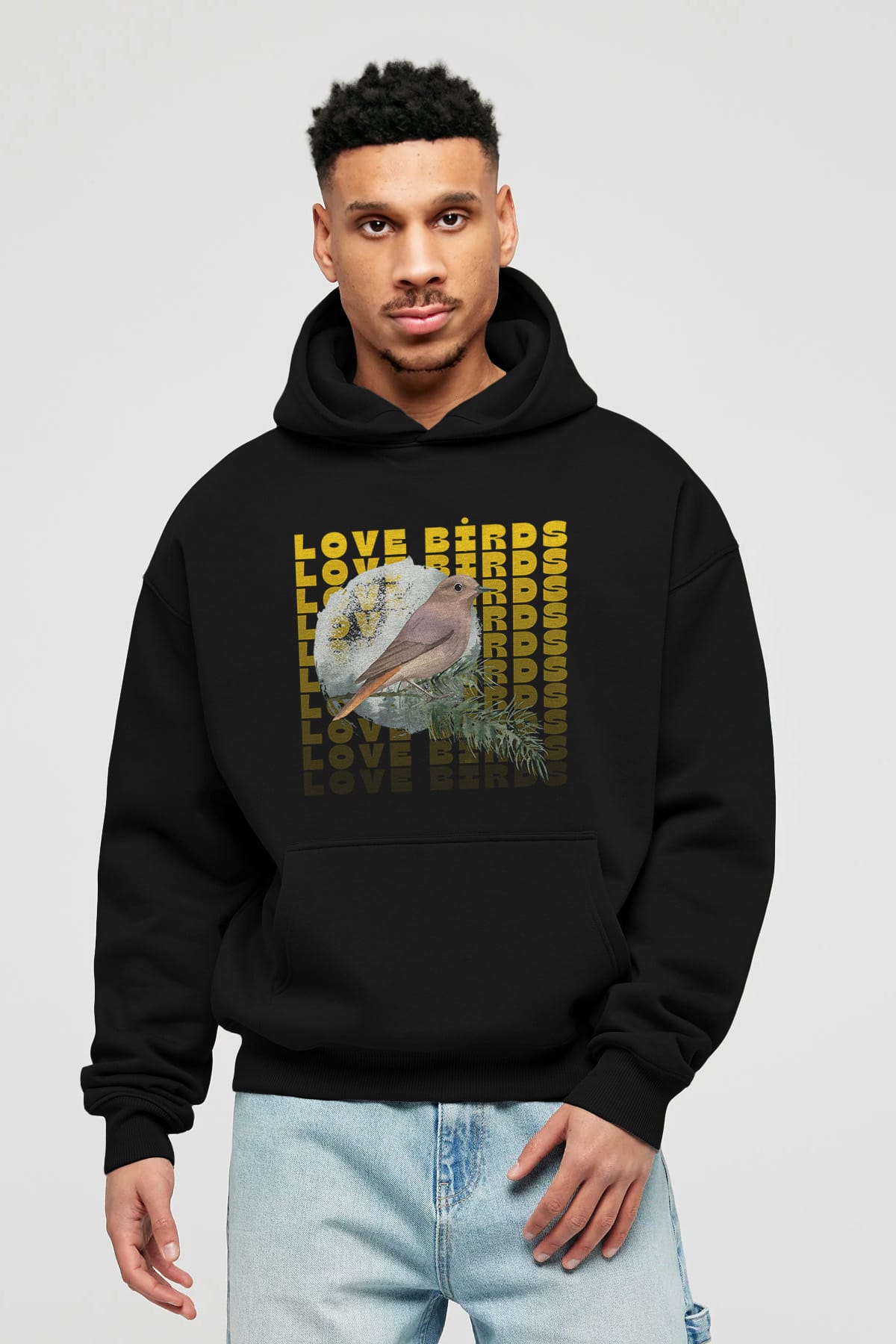 Love Birds Yazılı Ön Baskılı Oversize Hoodie Kapüşonlu Sweatshirt Erkek Kadın Unisex