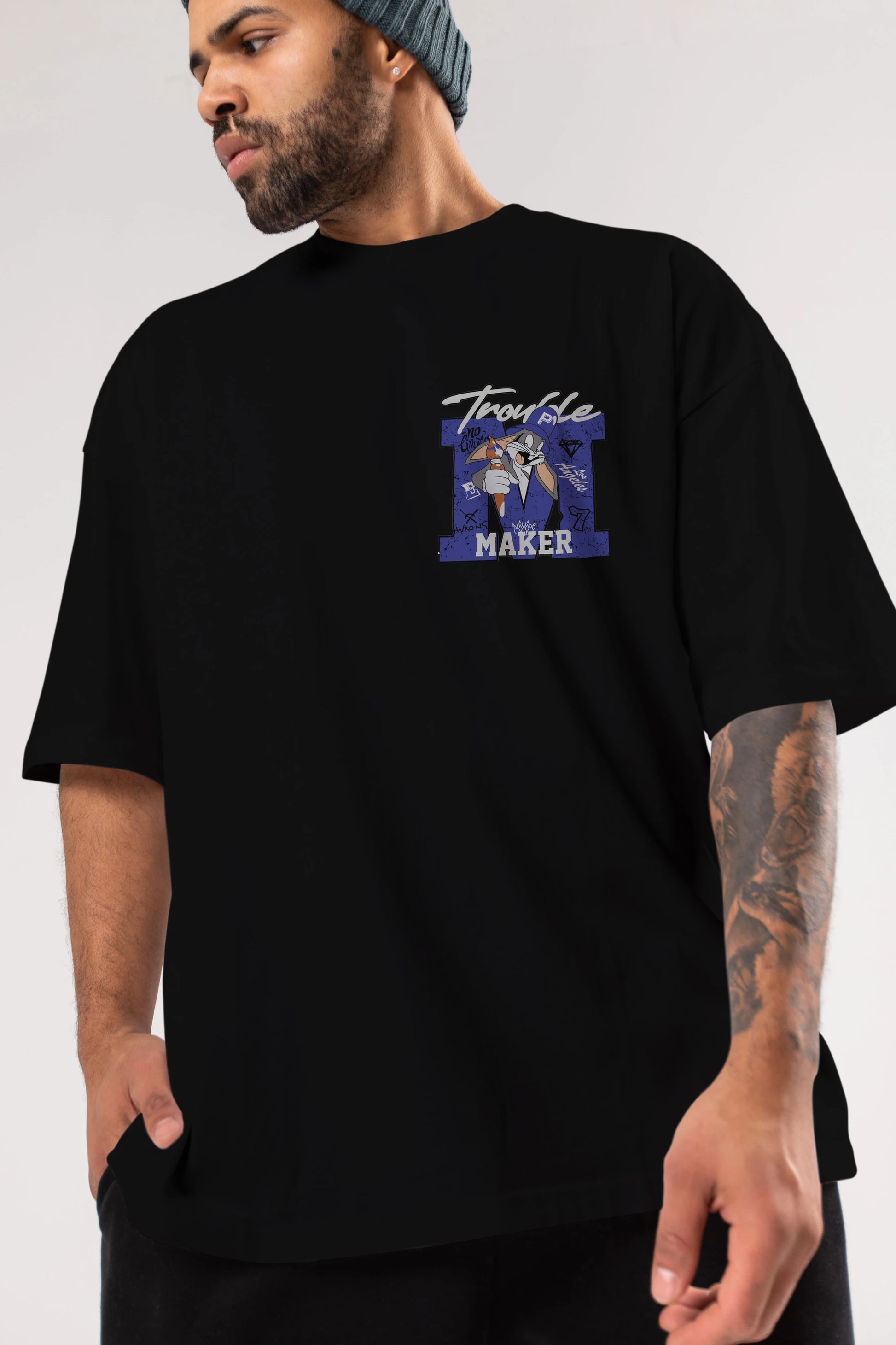 Bugs Bunny Ön Sol Baskılı Oversize t-shirt Erkek Kadın Unisex %100 Pamuk Bisiklet Yaka tişort