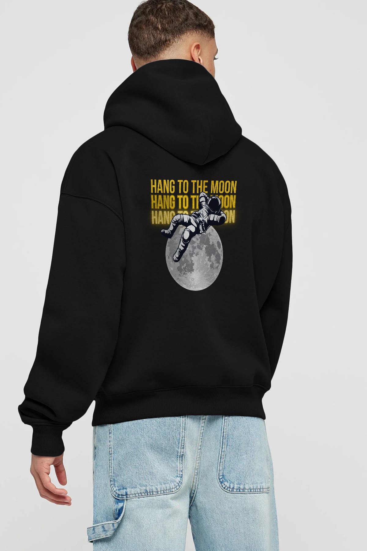 Hang to the Moon Yazılı Arka Baskılı Oversize Hoodie Kapüşonlu Sweatshirt Erkek Kadın Unisex