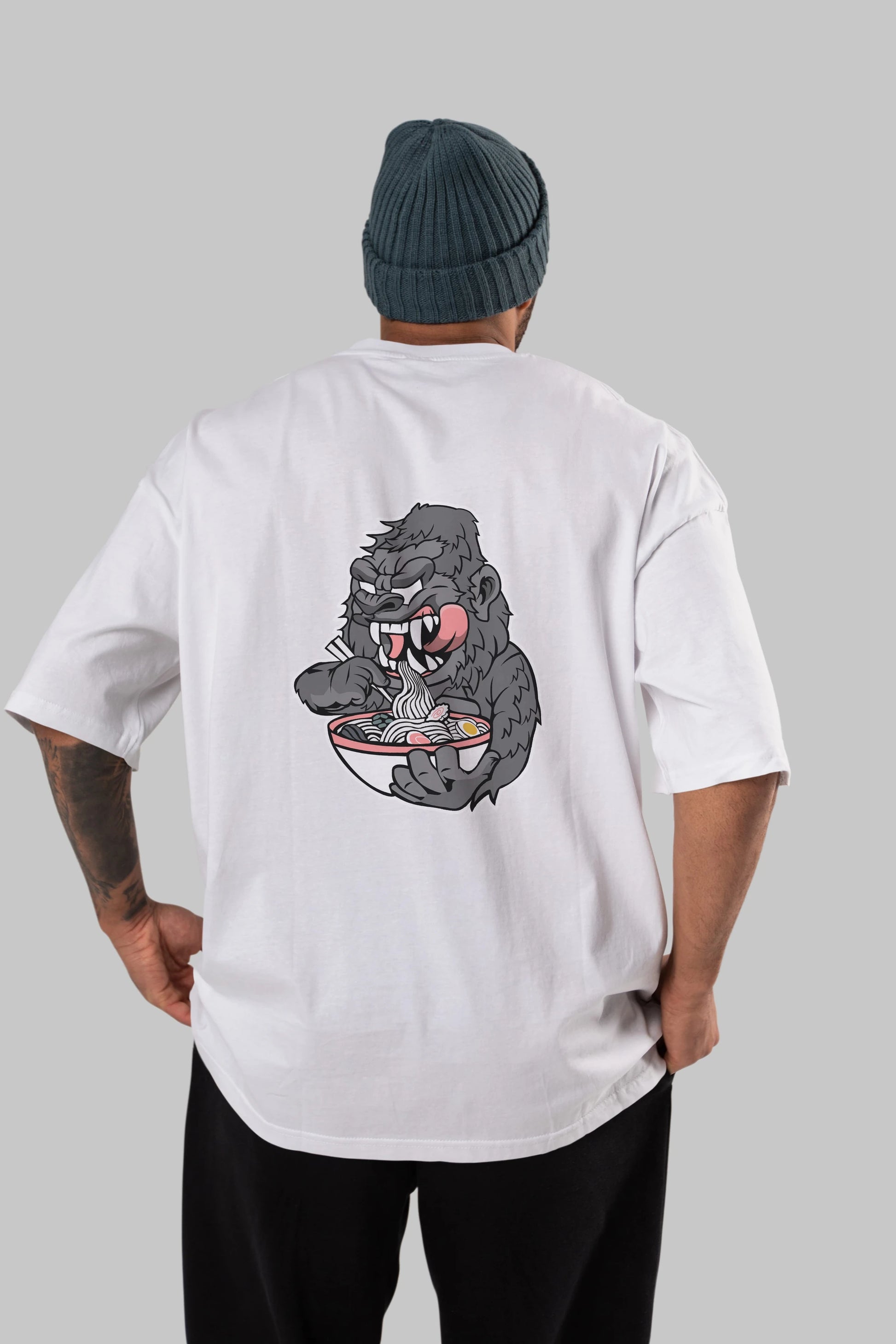 Big Gorilla Ramen Arka Baskılı Oversize t-shirt Erkek Kadın Unisex %100 Pamuk tişort