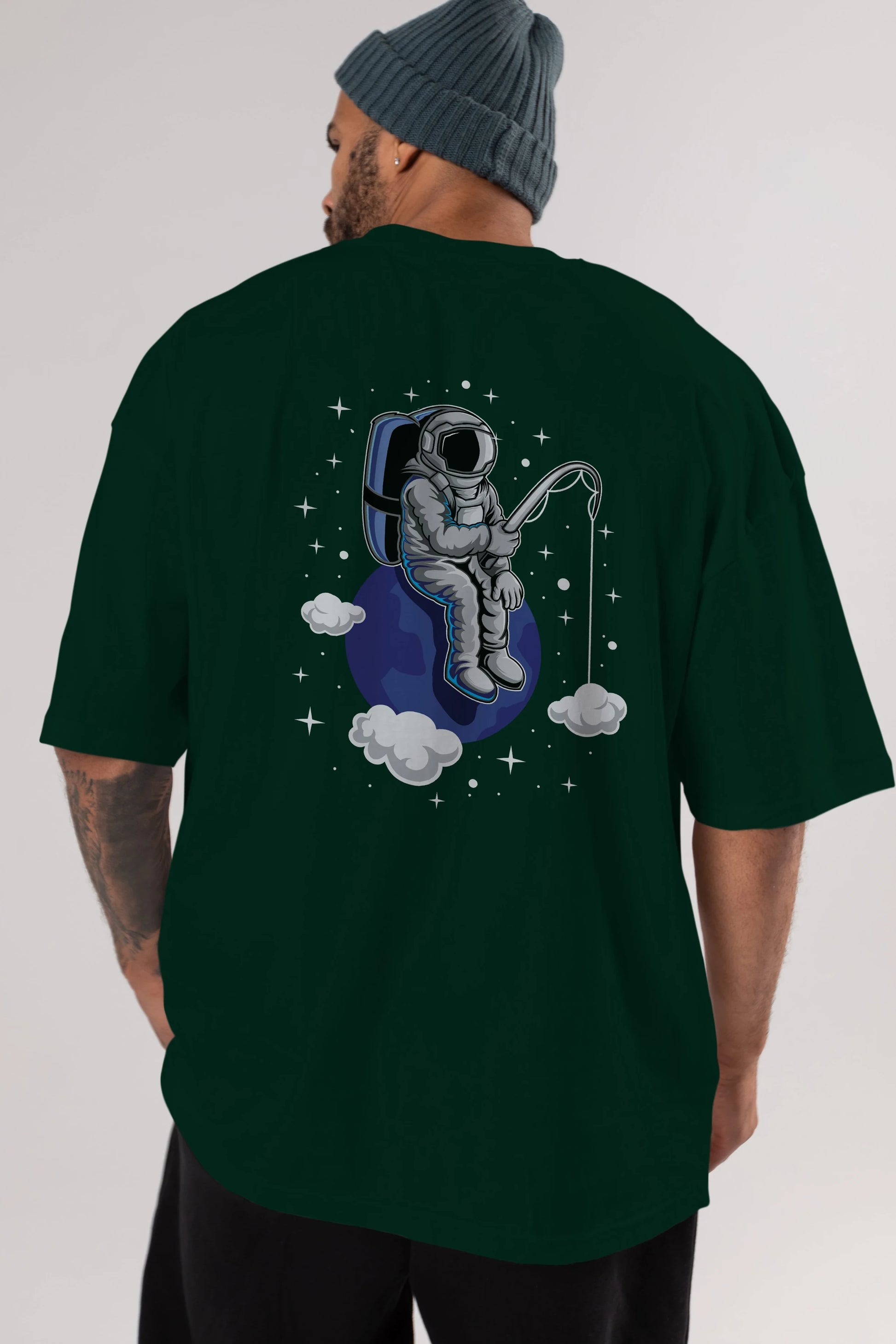 Astronaut Fishing (2) Arka Baskılı Oversize t-shirt Erkek Kadın Unisex