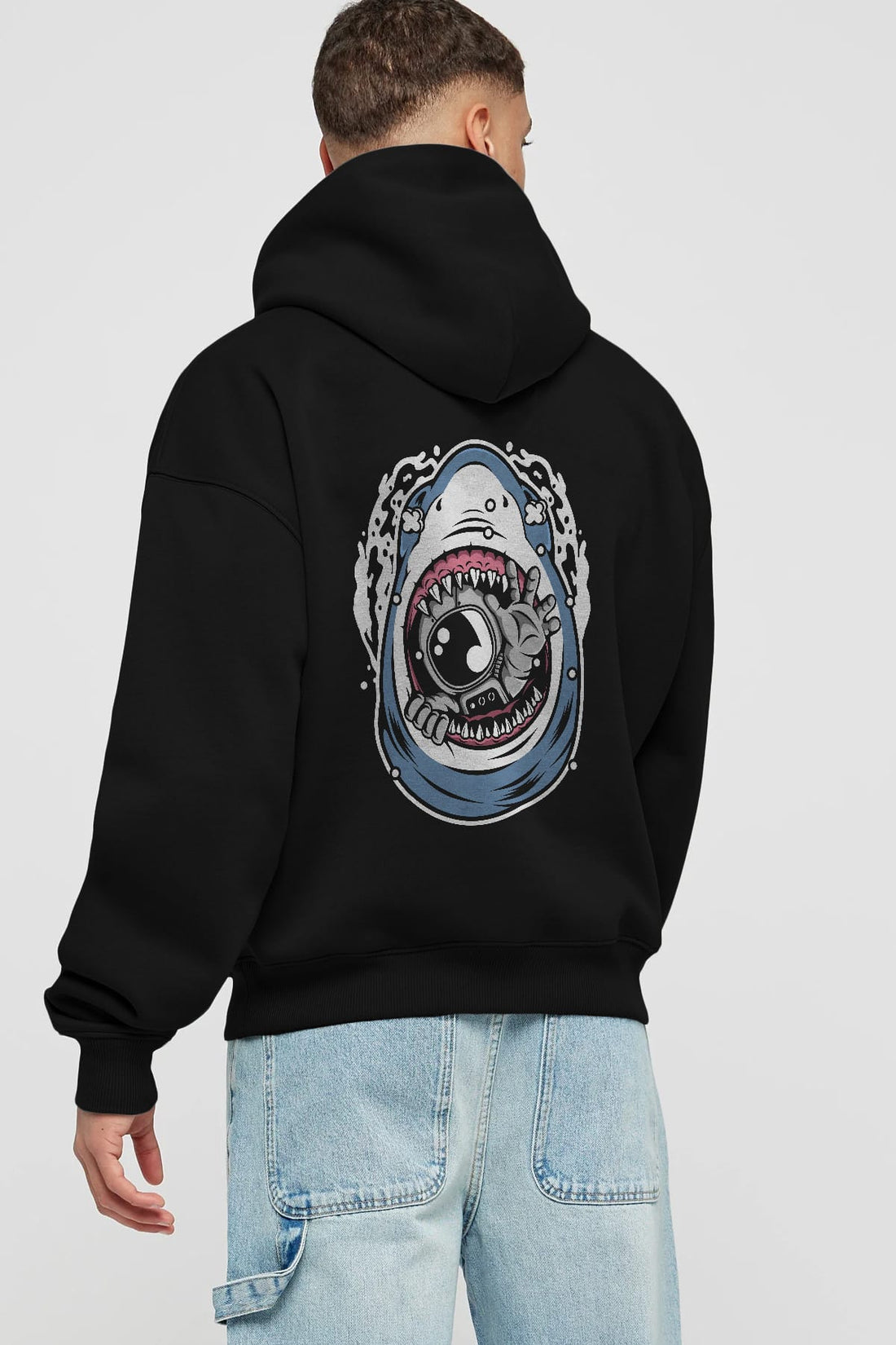 Astronaut Shark Arka Baskılı Hoodie Oversize Kapüşonlu Sweatshirt Erkek Kadın Unisex