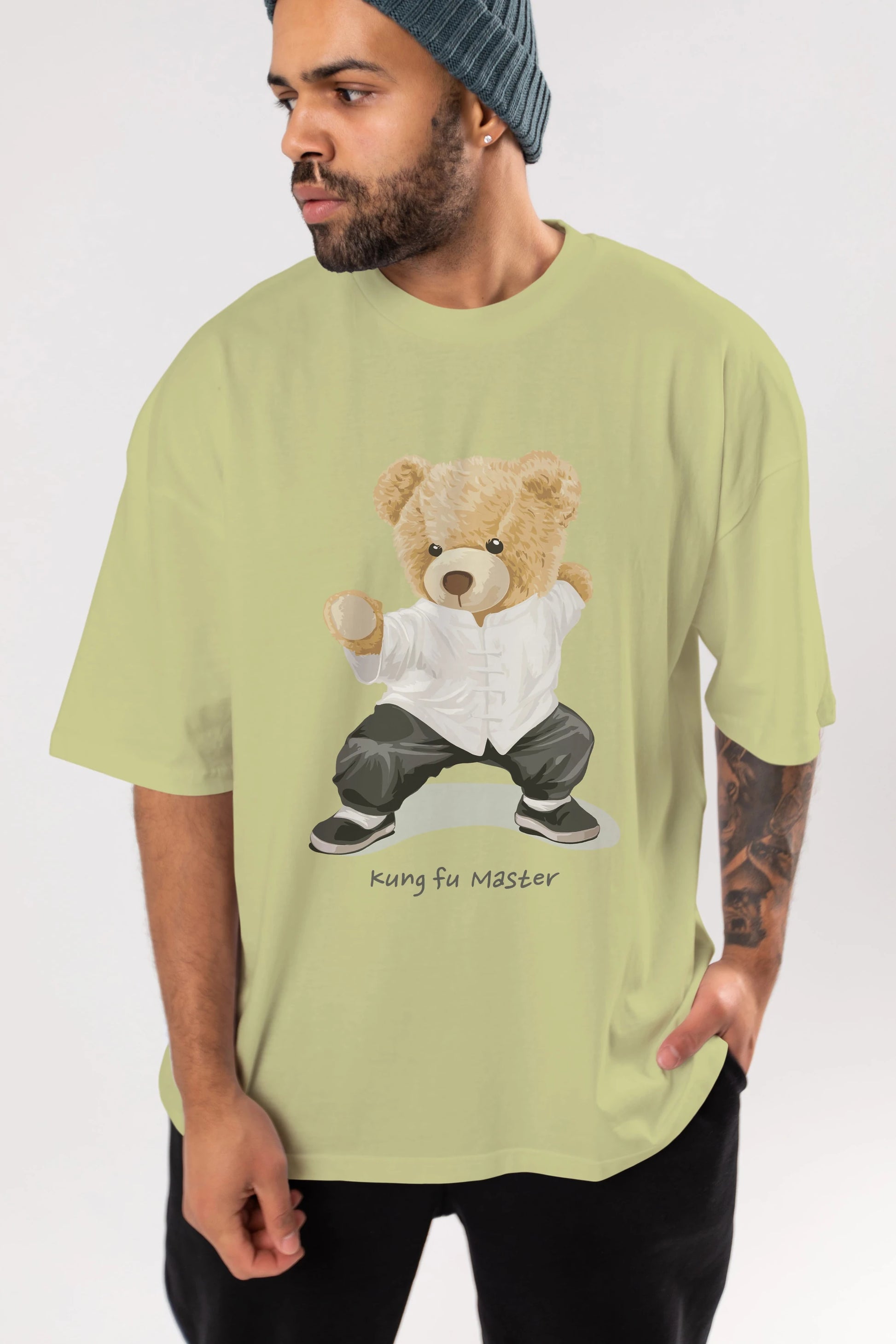 Teddy Bear Kung Fu Master Ön Baskılı Oversize t-shirt Erkek Kadın Unisex %100 Pamuk