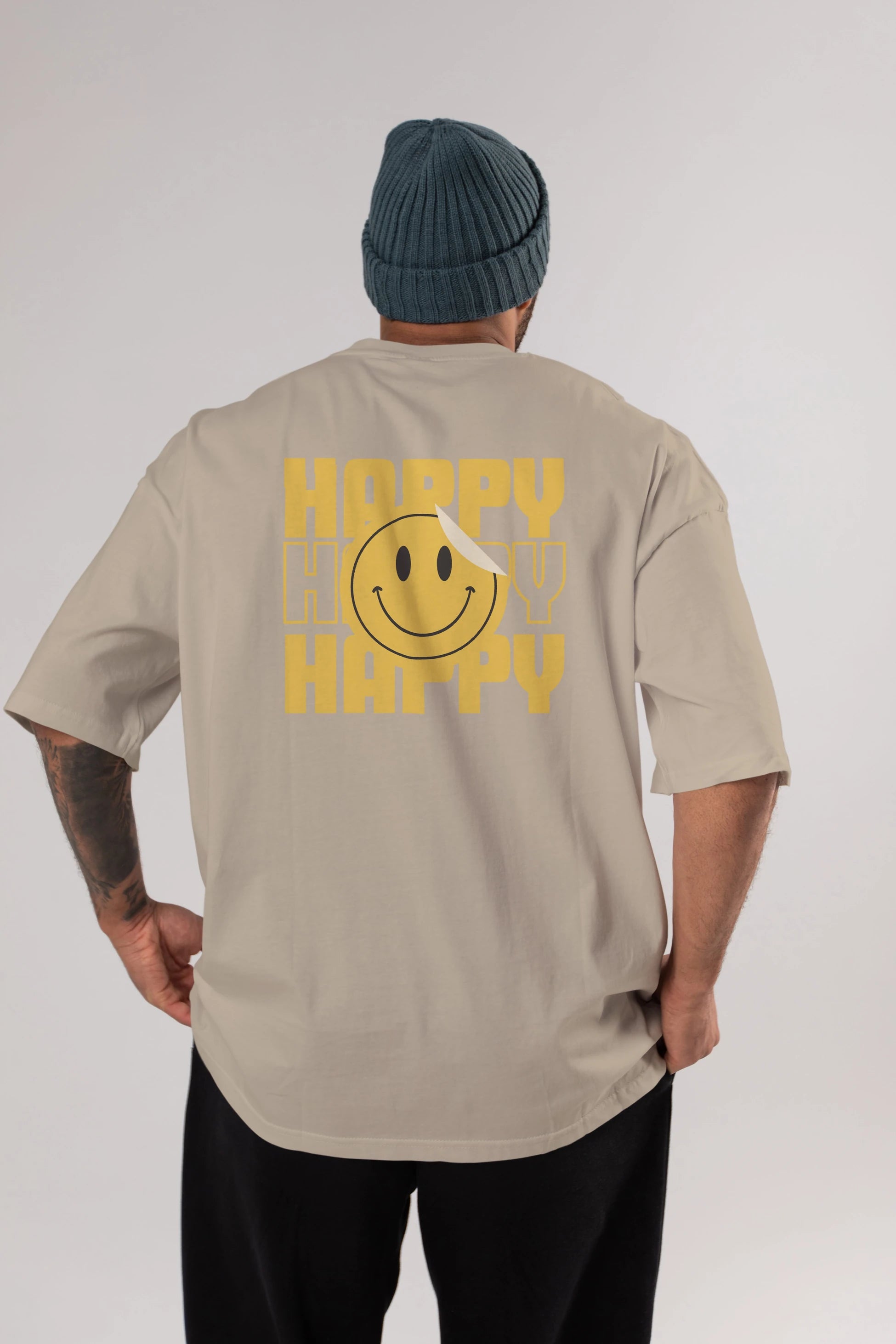 Happy Smile Yazılı Arka Baskılı Oversize t-shirt Erkek Kadın Unisex